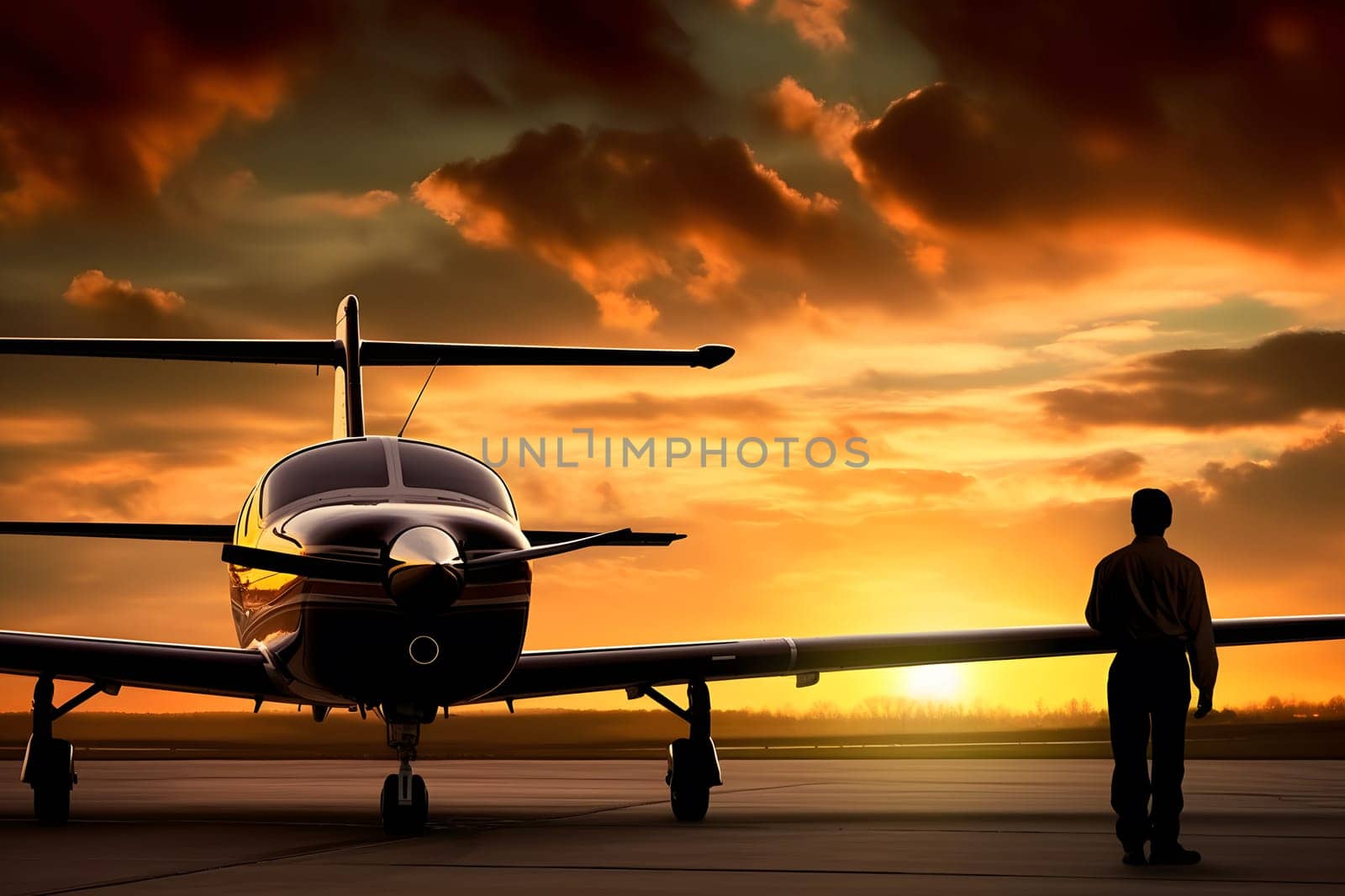 Pilot walking away after a mission at sunset. Neural network AI generated art