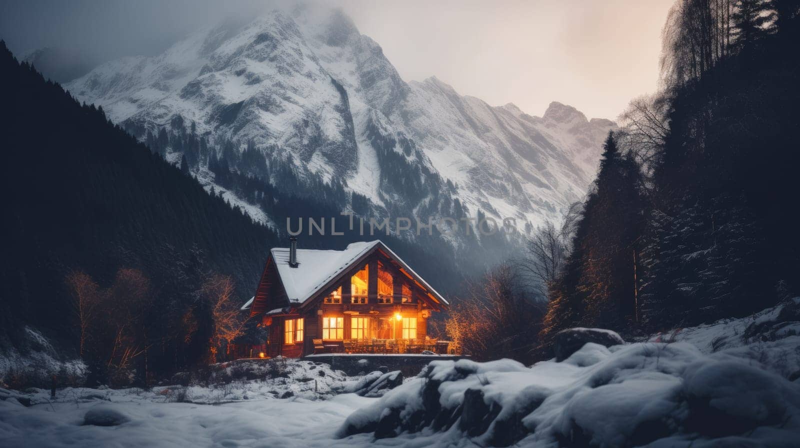 Cozy wooden house in the mountains in winter. Neural network AI generated art