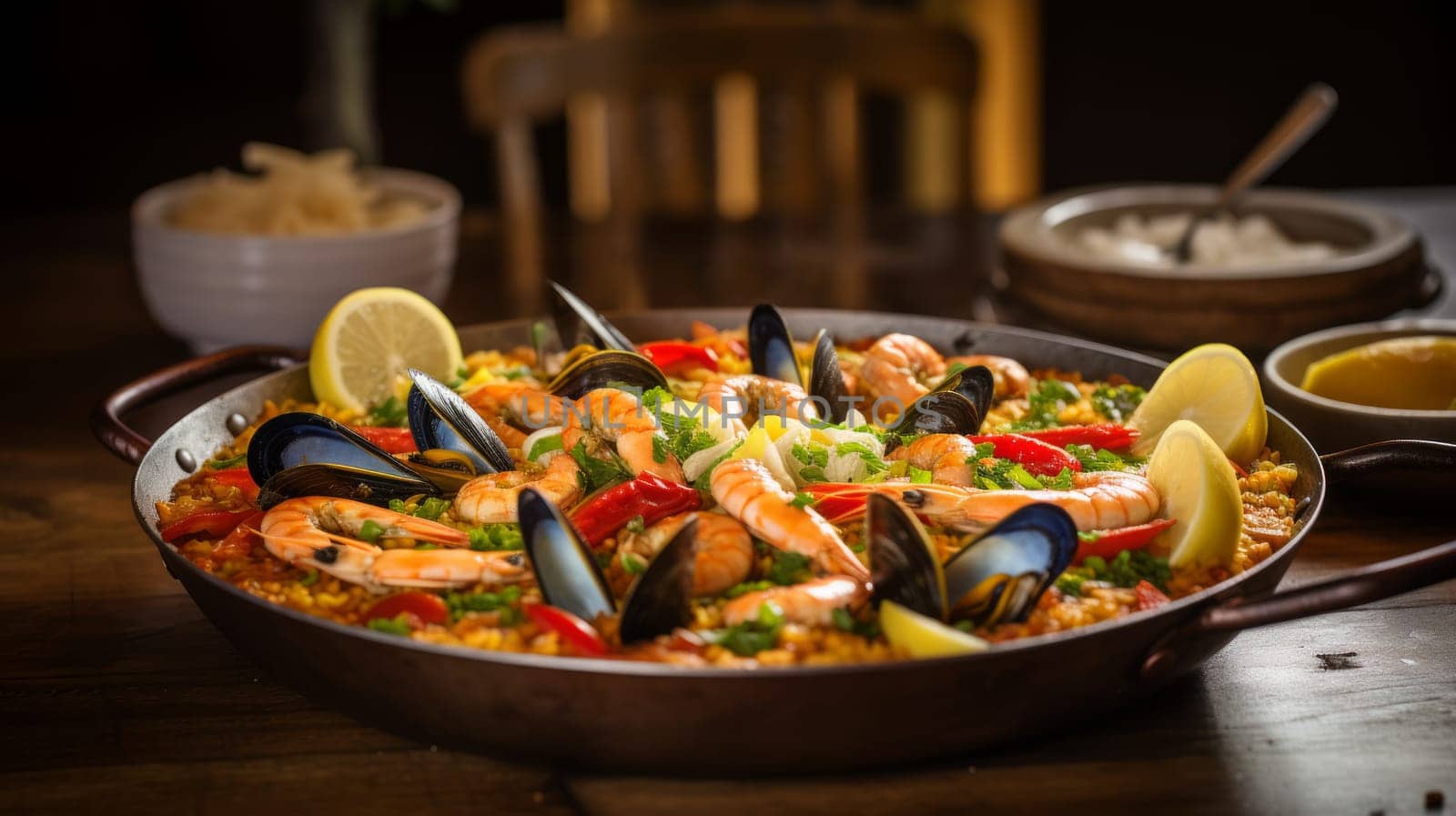 Typical spanish seafood paella in traditional pan. Neural network AI generated art