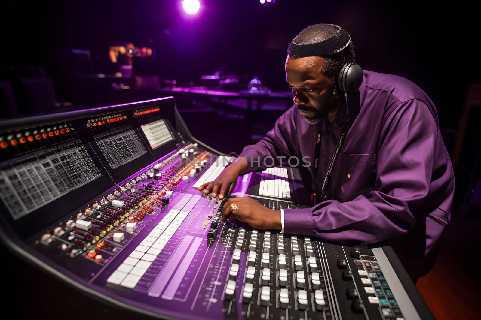 Producer, Audio Engineer Uses Control Desk for Recording New Album Track in Music Record Studio. Neural network AI generated art