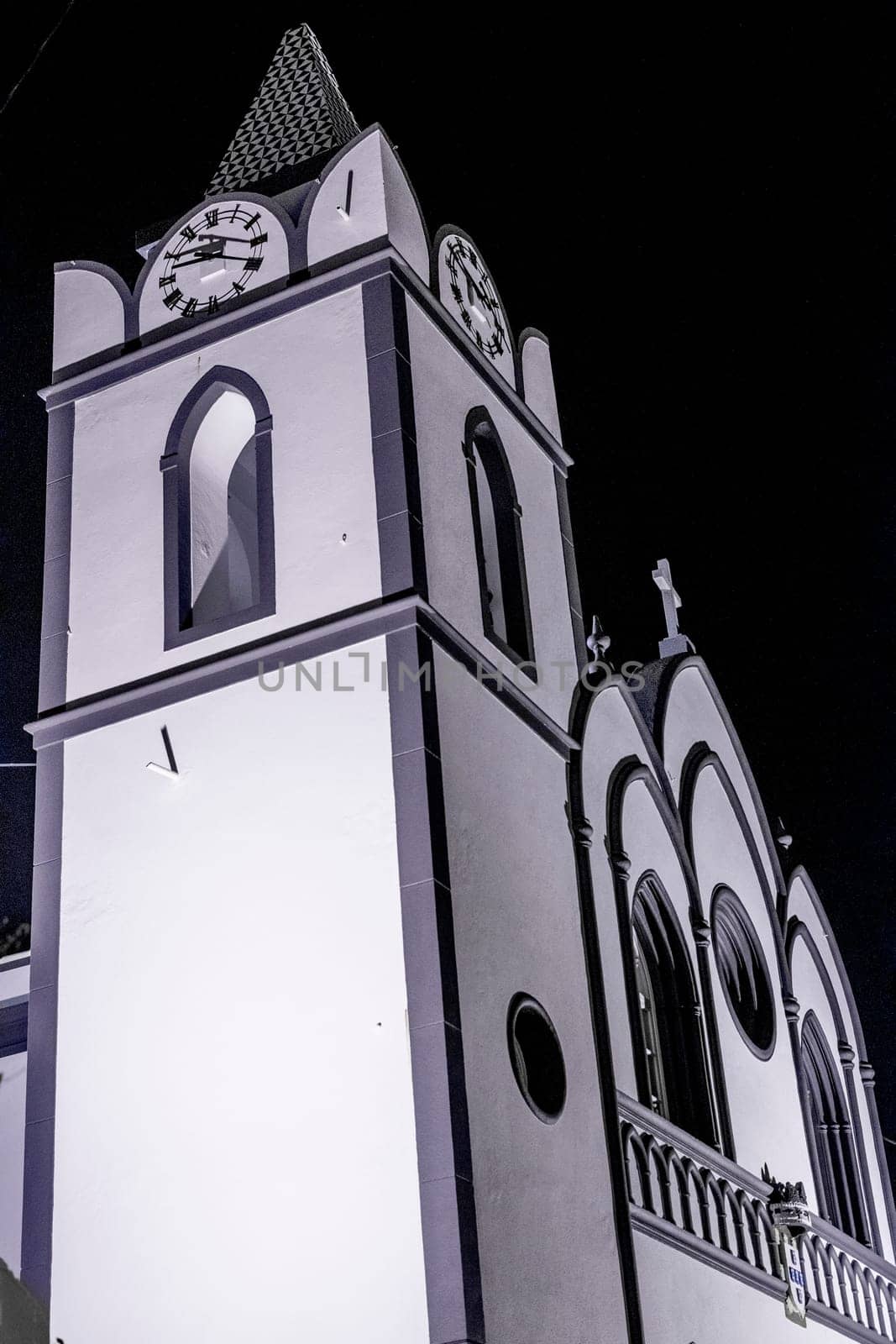 Jardim do Mar, Madeira, Portugal, November 3rd 2024: Night view on the architecture of Matriz do Jardim do Mar church