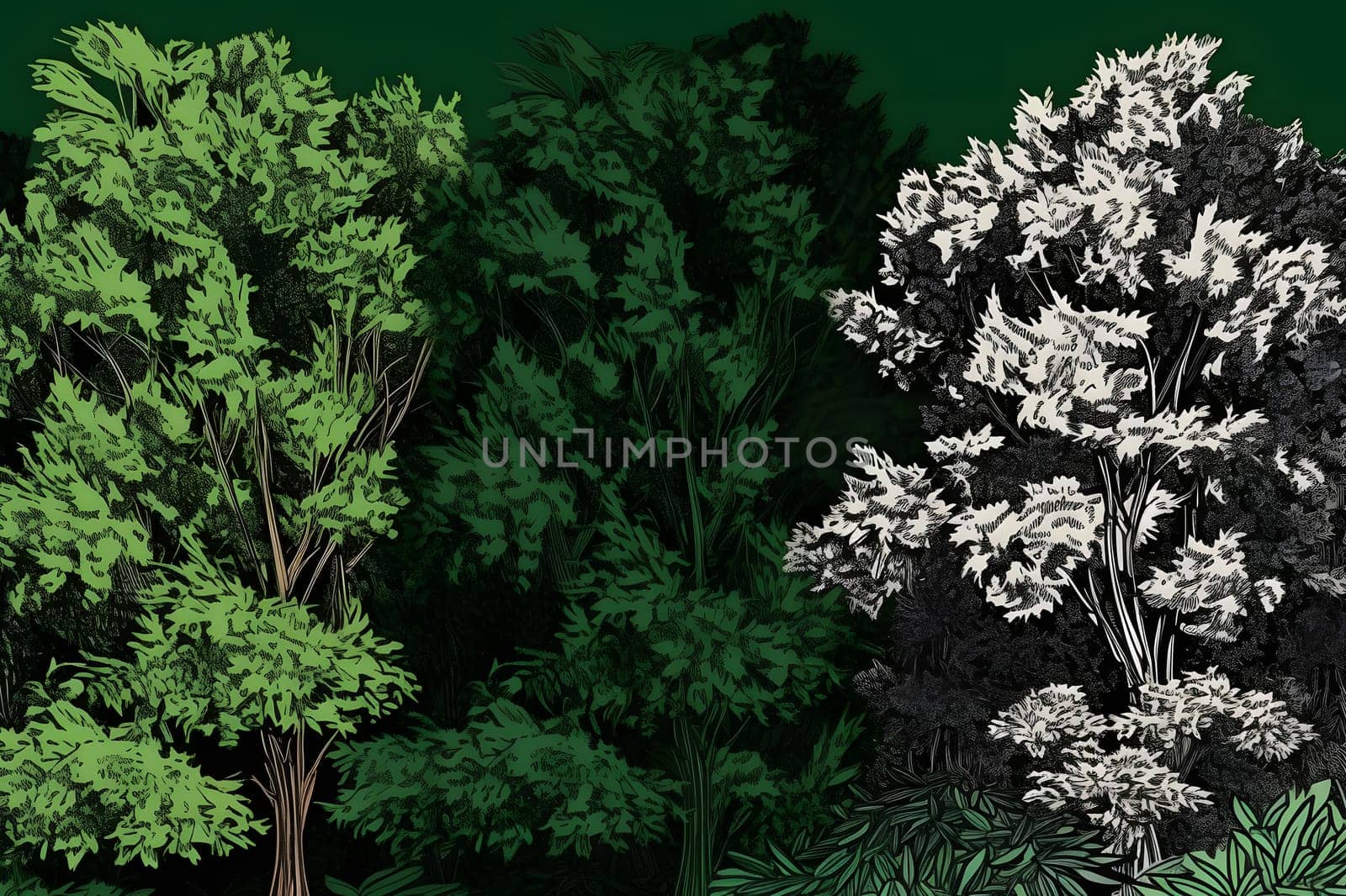 Green tree. Forest foliage and coniferous plants. Neural network AI generated art