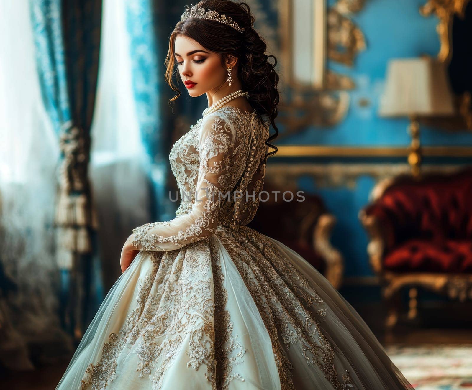 elegant woman from the Victorian era standing in a richly decorated parlor. AI generative.
