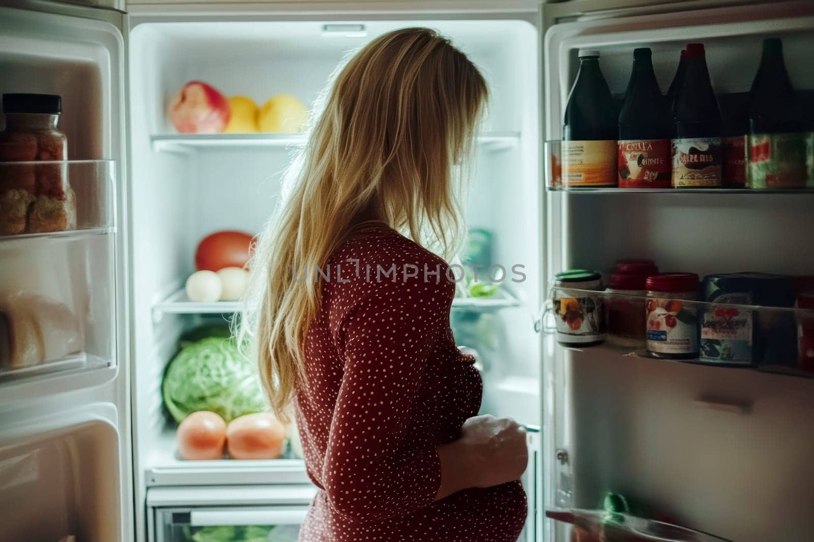 A pregnant woman is opening the refrigerator. AI generative.
