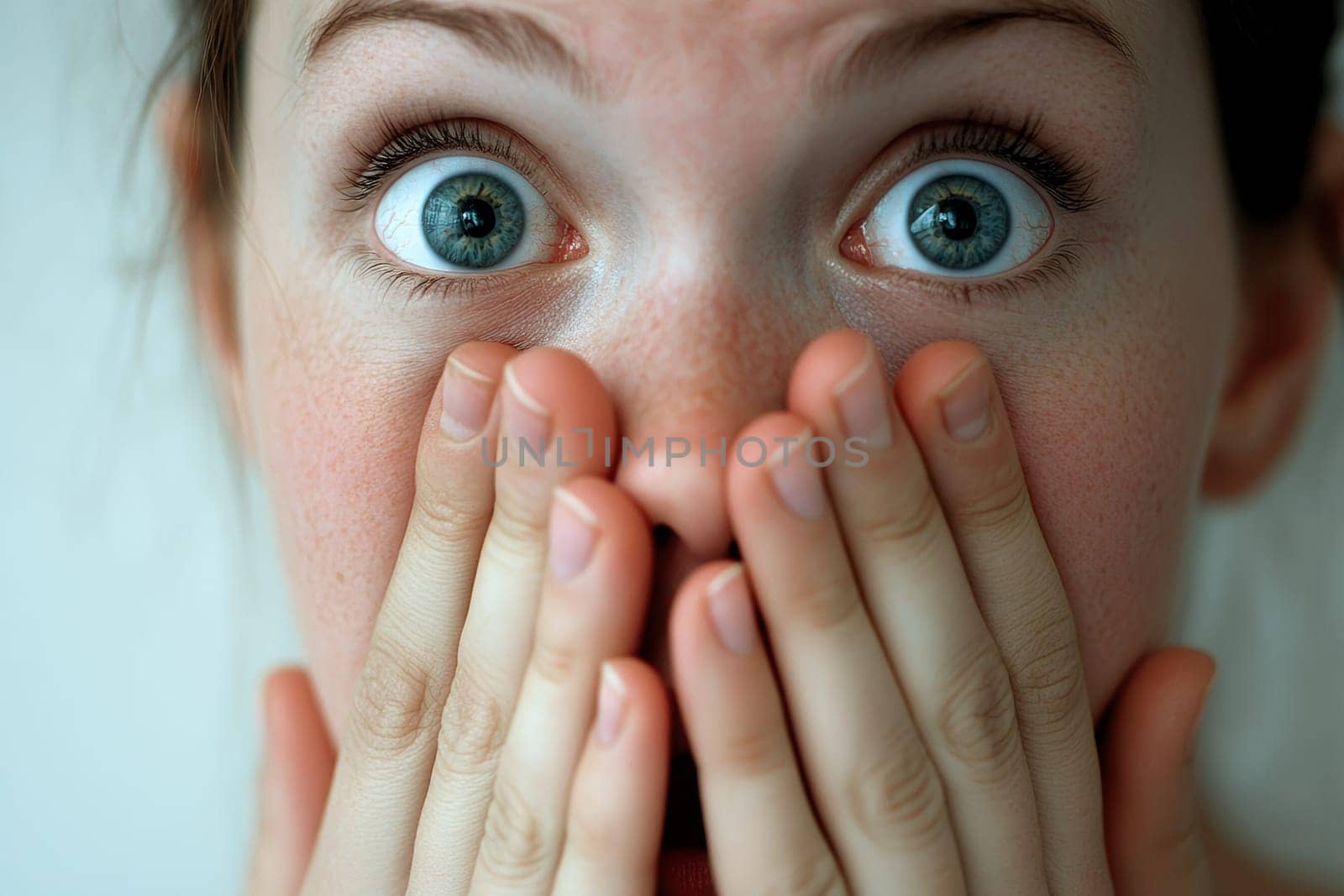 A close-up of a woman's face displaying shock with wide eyes and hands covering her mouth.