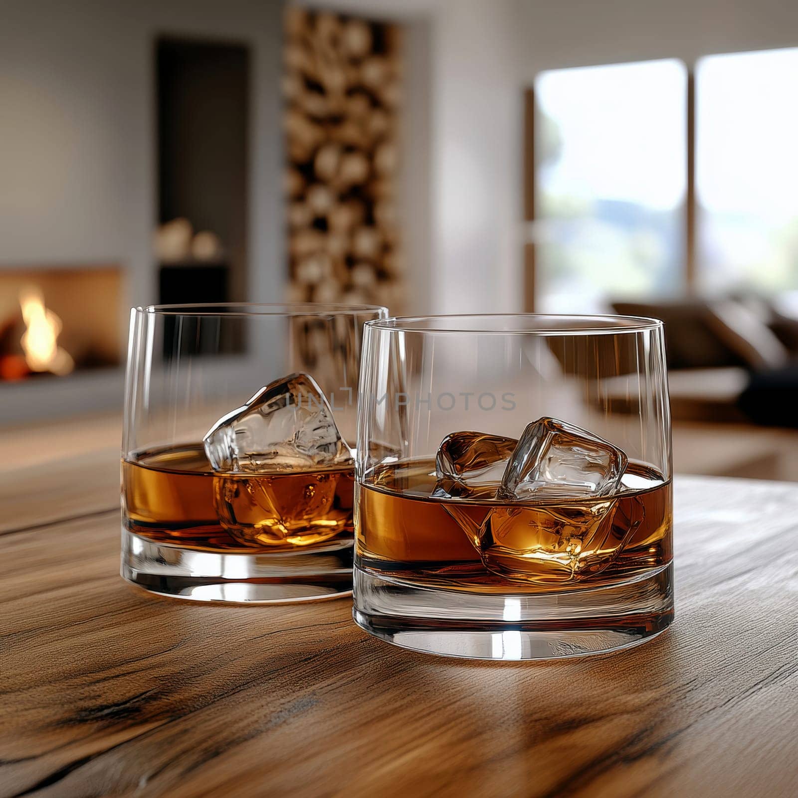Two elegant, crystal-clear glasses of whiskey with ice cubes. AI generative.