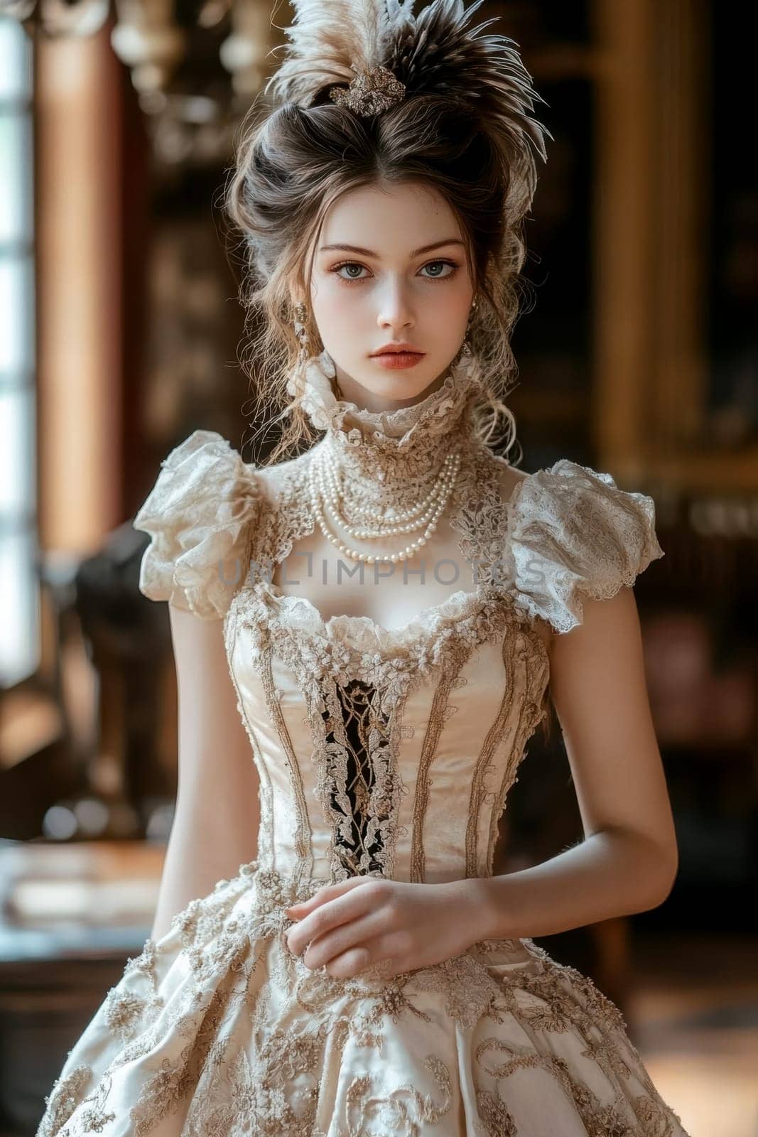 elegant woman from the Victorian era standing in a richly decorated parlor. AI generative.