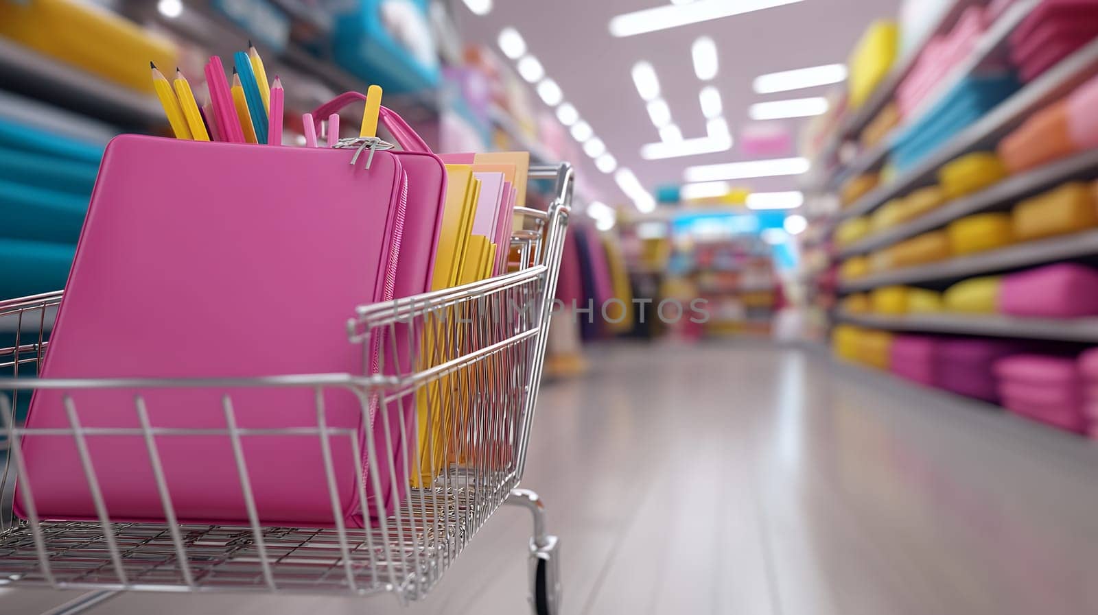 A shopping cart filled with colorful school supplies, ready for the back to school season in a busy store.