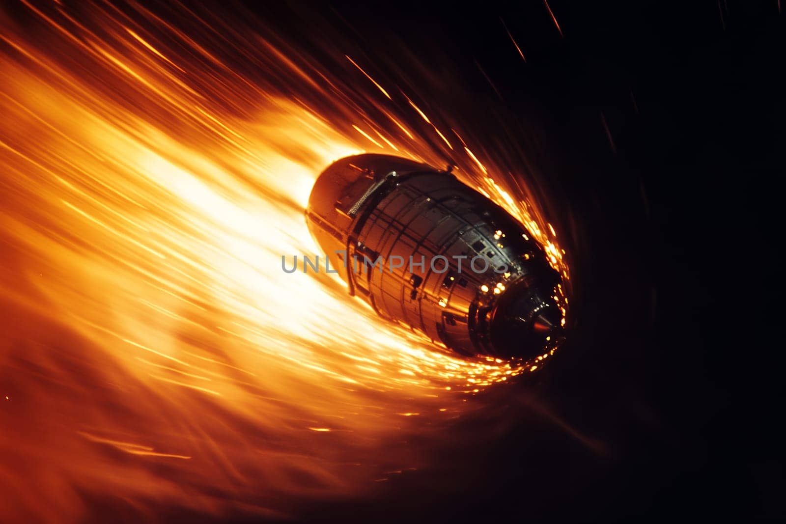 A space capsule dramatically reenters Earth's atmosphere, surrounded by glowing flames and sparks.