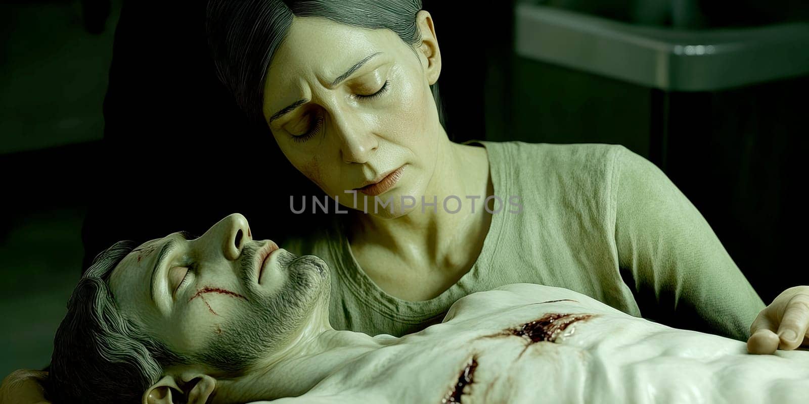 Mother of God with the dying Jesus in her arms. AI generative.