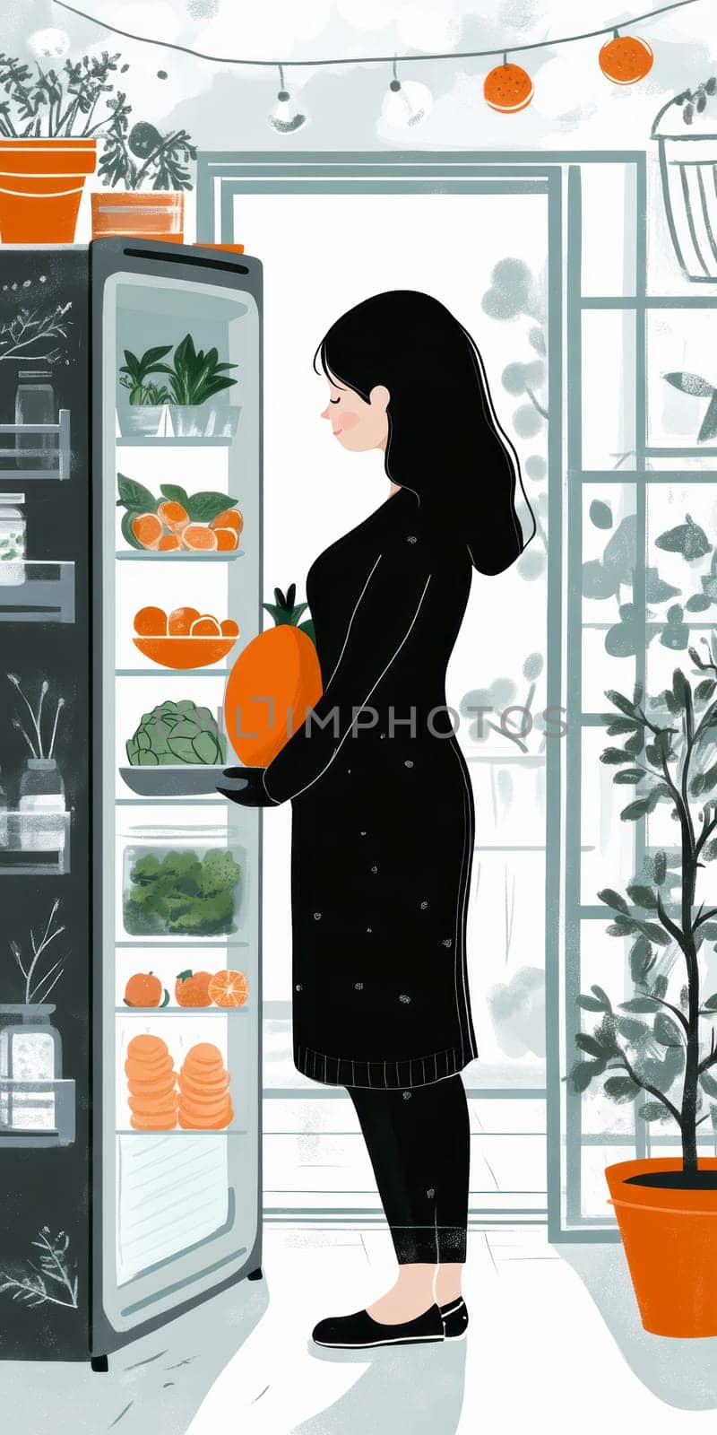 A pregnant woman is opening the refrigerator. AI generative.