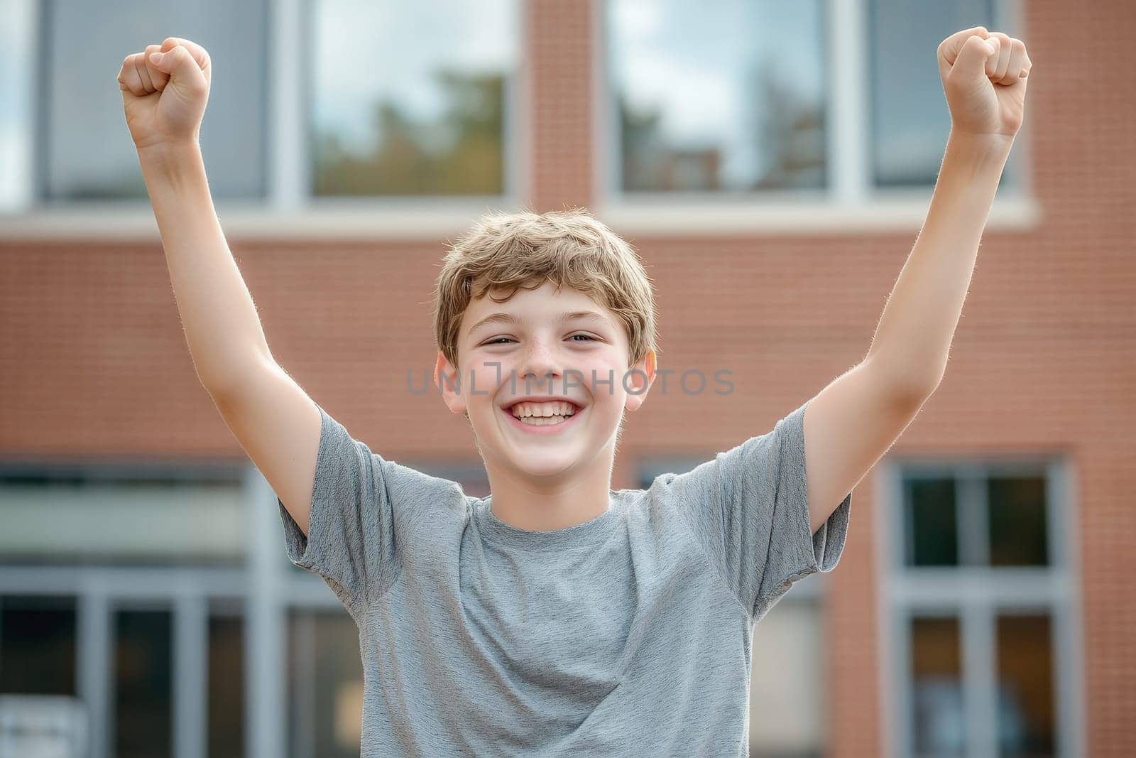 A cheerful young boy raises his arms in celebration, smiling brightly outside a brick building.