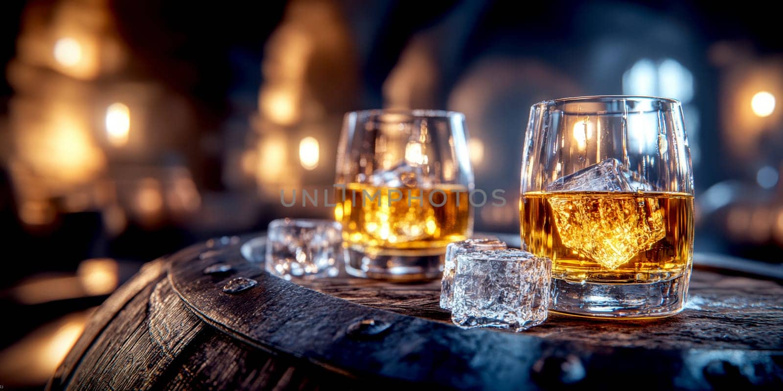 Two elegant, crystal-clear glasses of whiskey with ice cubes. AI generative.