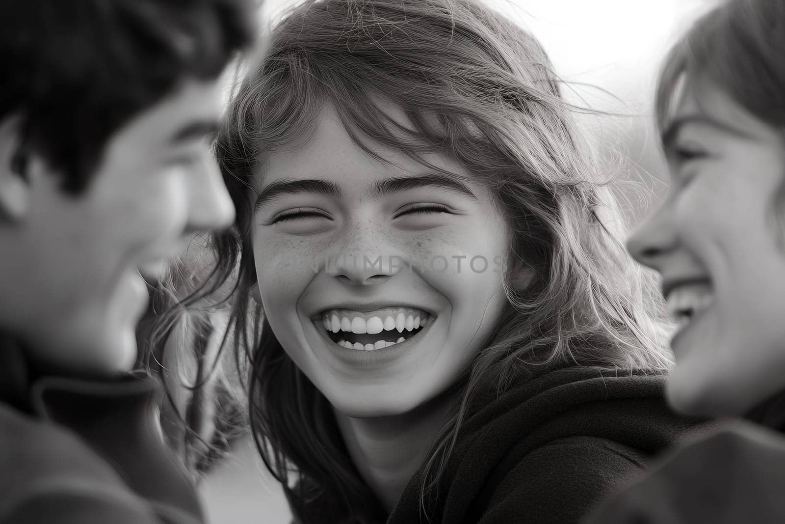 A black and white photo capturing a group of friends sharing a joyful moment and laughing together.