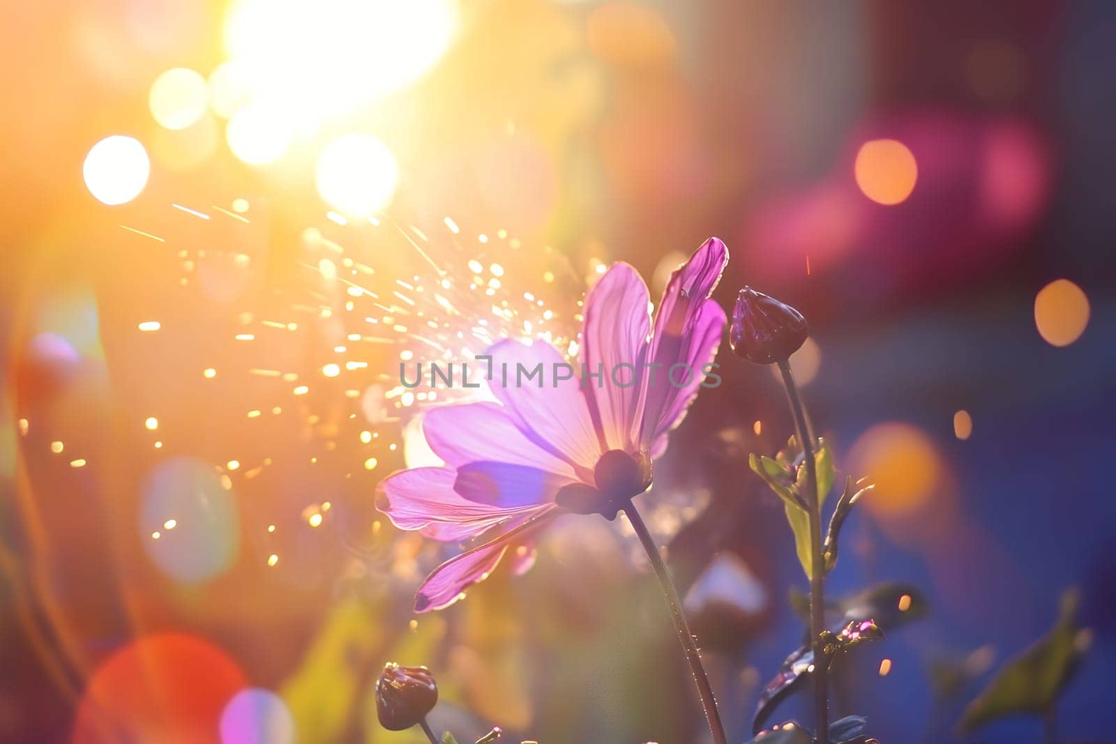 A vibrant purple flower glows in the sunlight, surrounded by magical bokeh sparkles.