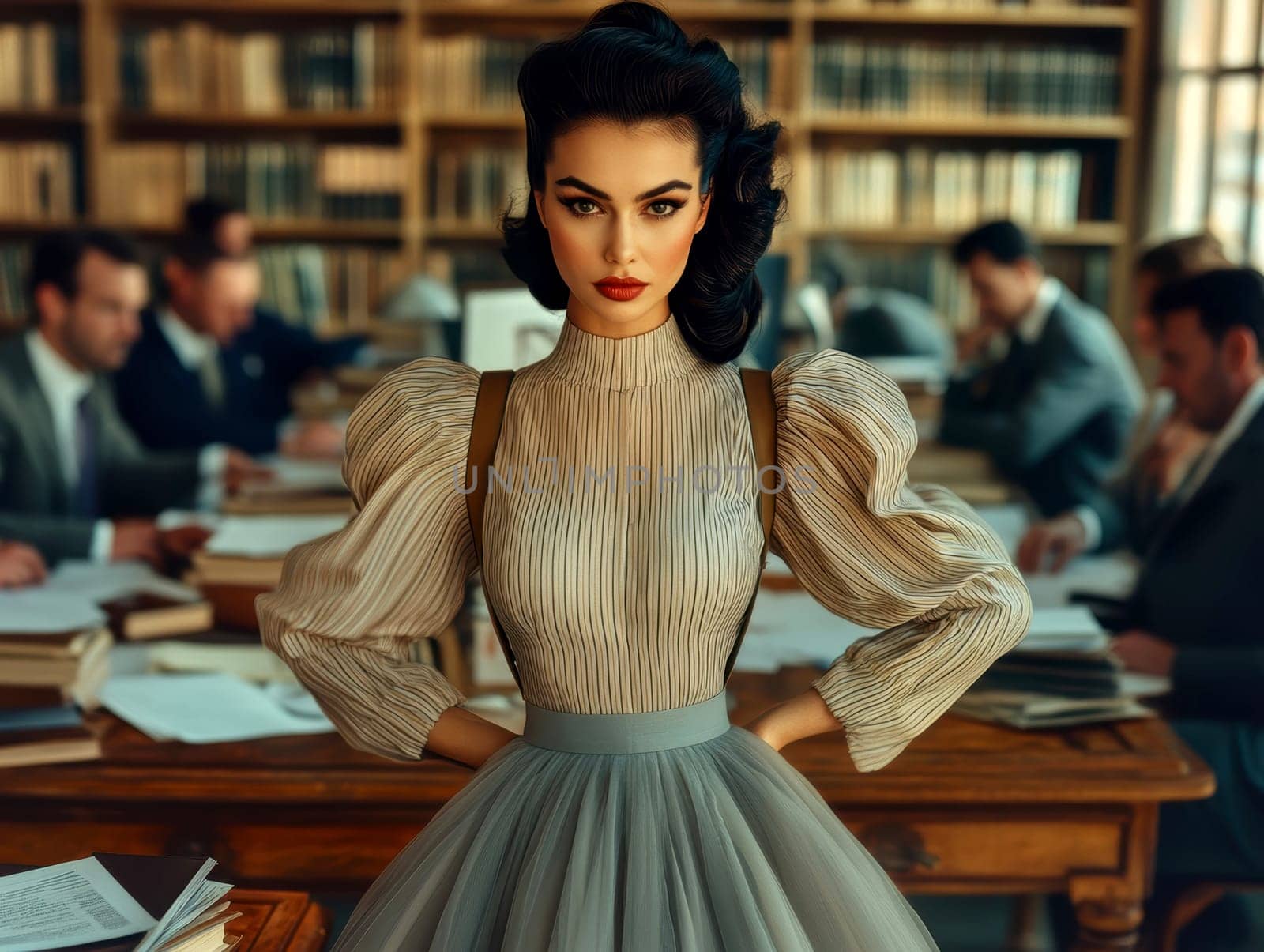 a vintage woman with black hair posing in front of a desk in an office,. AI generative.