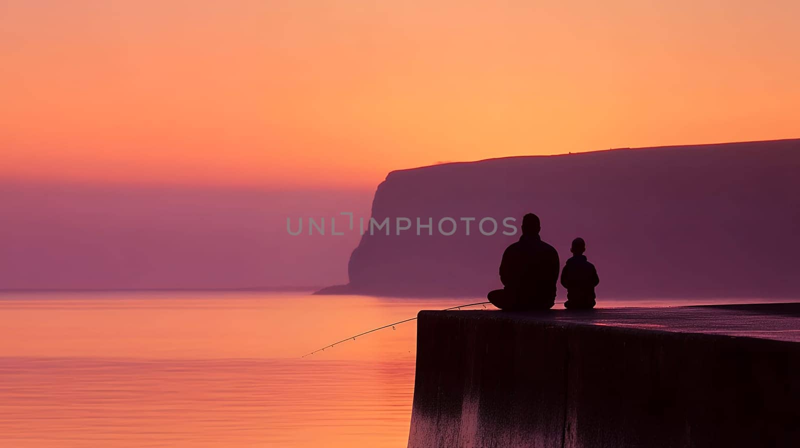A serene silhouette of two people fishing at dusk, with a stunning pink and orange sky over calm waters.