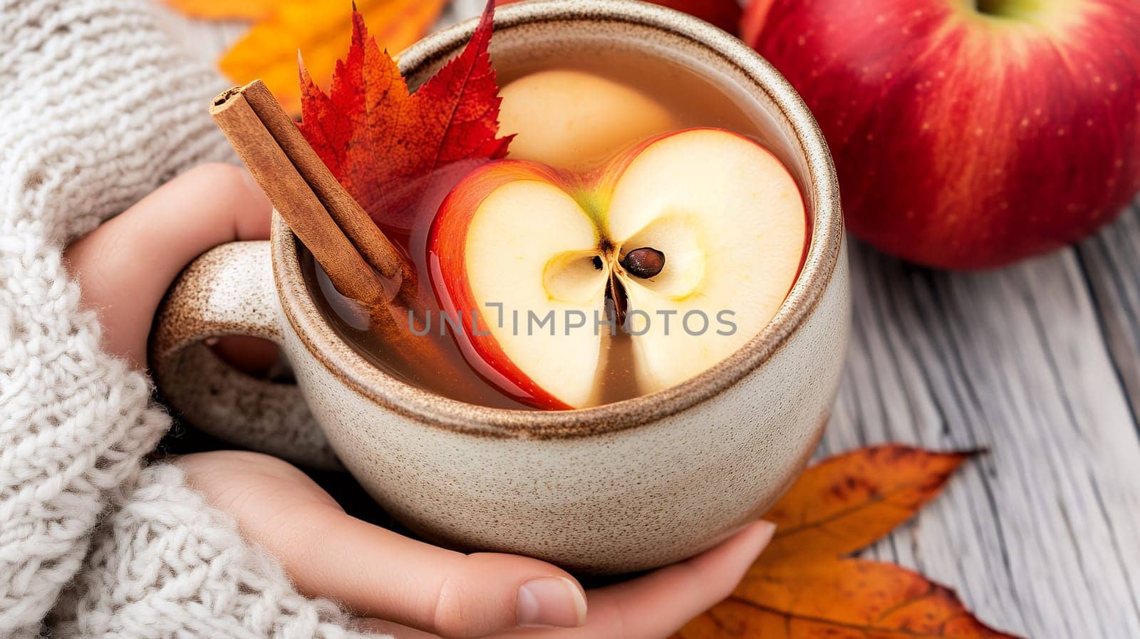 A soothing apple cider garnished with a cinnamon stick and red leaf, perfect for autumn.