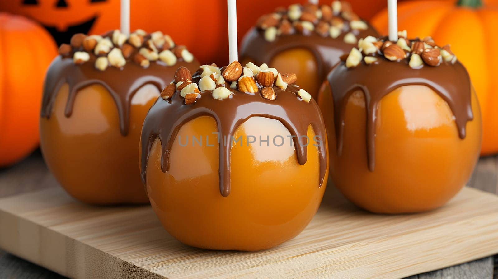 Decorated caramel apples with nut topping, ready for Halloween festivities, set against a backdrop of pumpkins.
