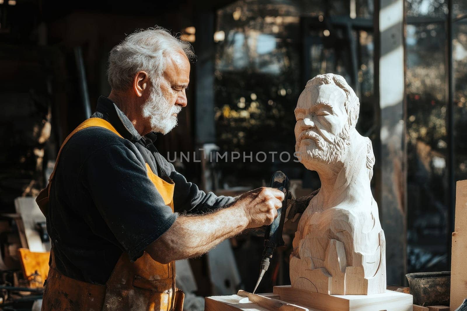 A skilled craftsman meticulously polishing a wooden sculpture in a sunlit workshop. The image captures the intricate details and artistry of handmade woodwork.