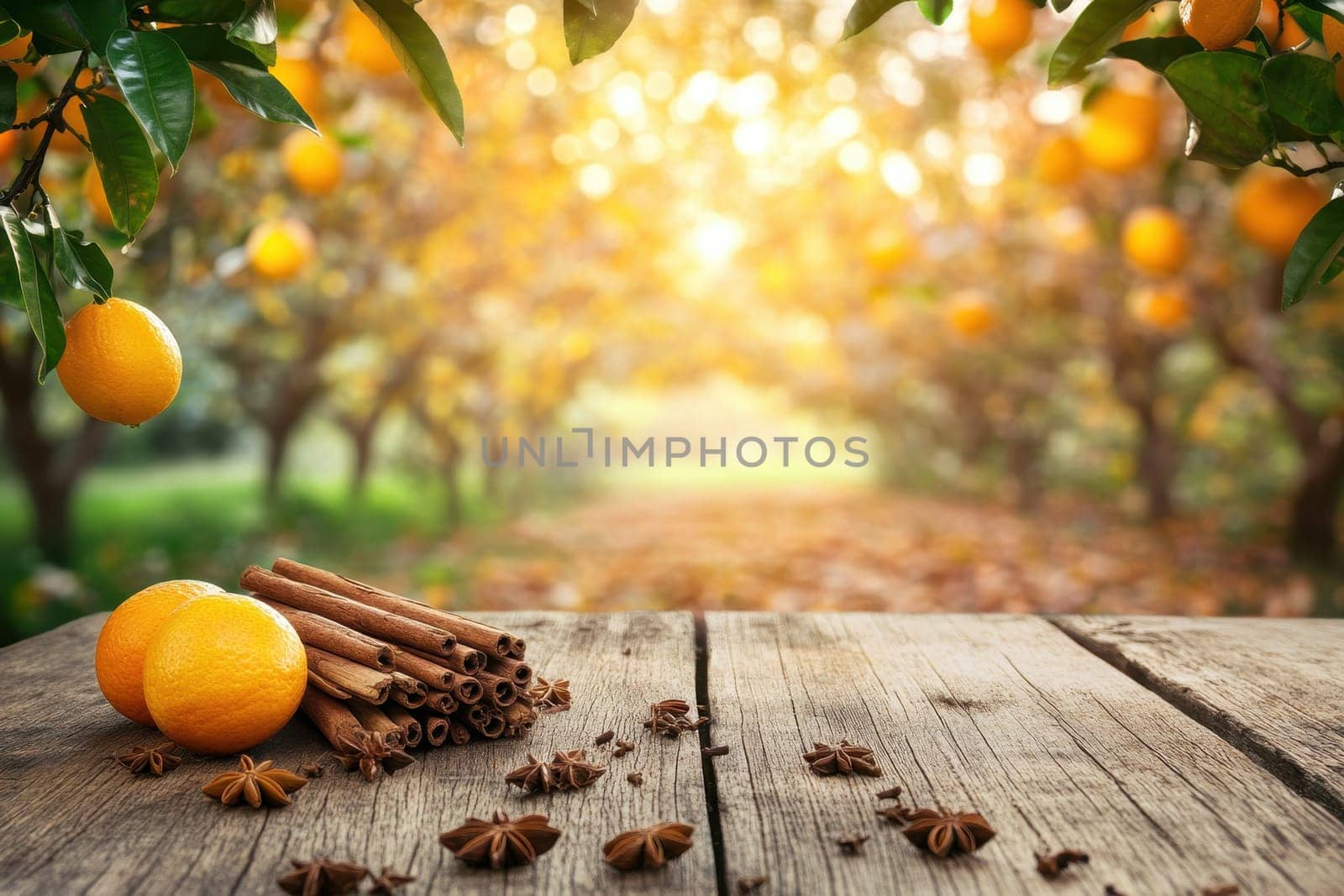 A rustic wooden table displays a bundle of cinnamon sticks and fresh oranges, with a warm autumn backdrop. Perfect for cozy food and drink settings.