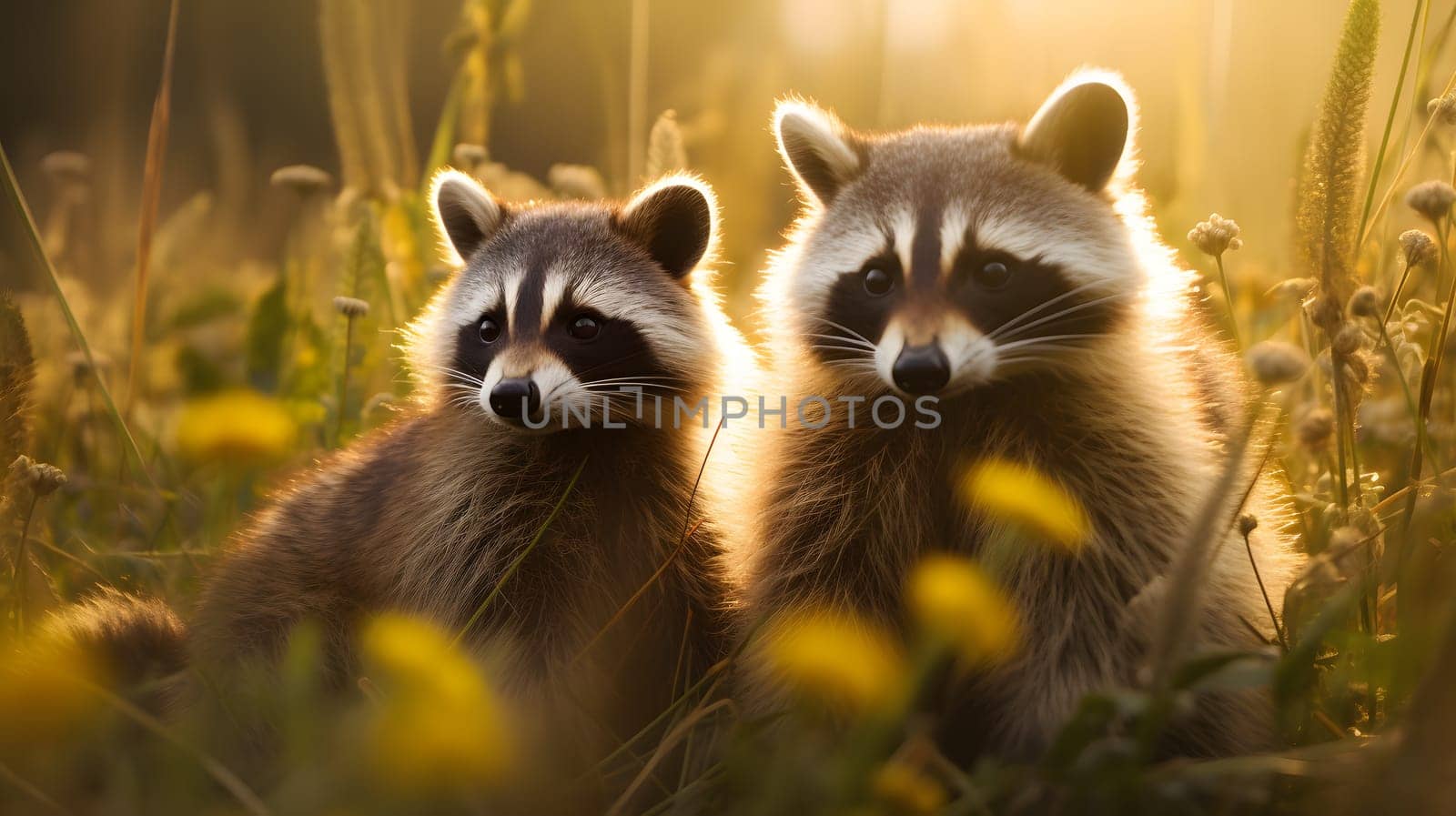 Two raccoons in a field at sunset. Neural network AI generated art