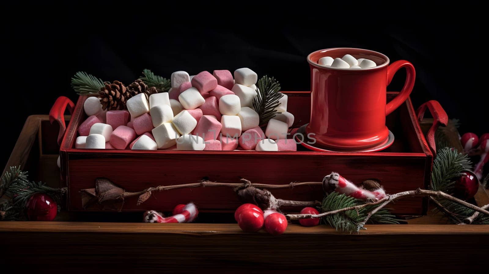 Red cup of cocoa and marshmallows. Neural network AI generated art