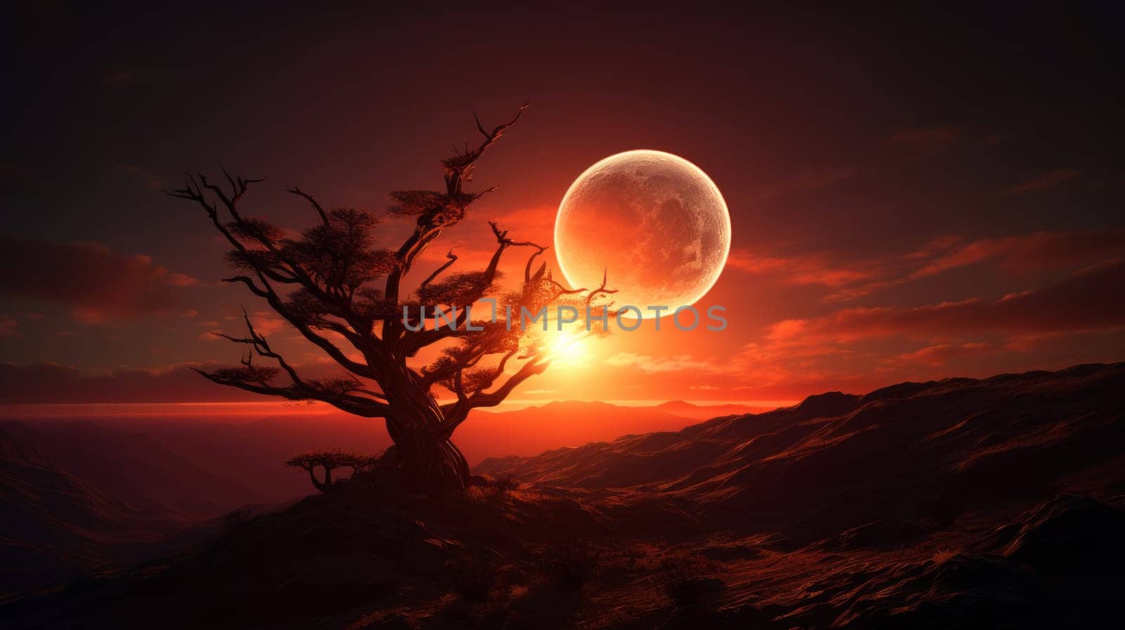 lonely single tree middle of the sea with dramatic sunset at background. Neural network AI generated art