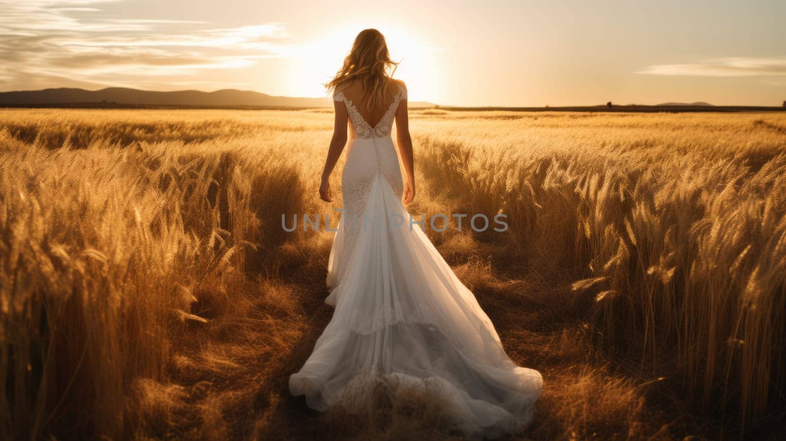 Woman in an elegant white dress in a field at sunset. Neural network AI generated art