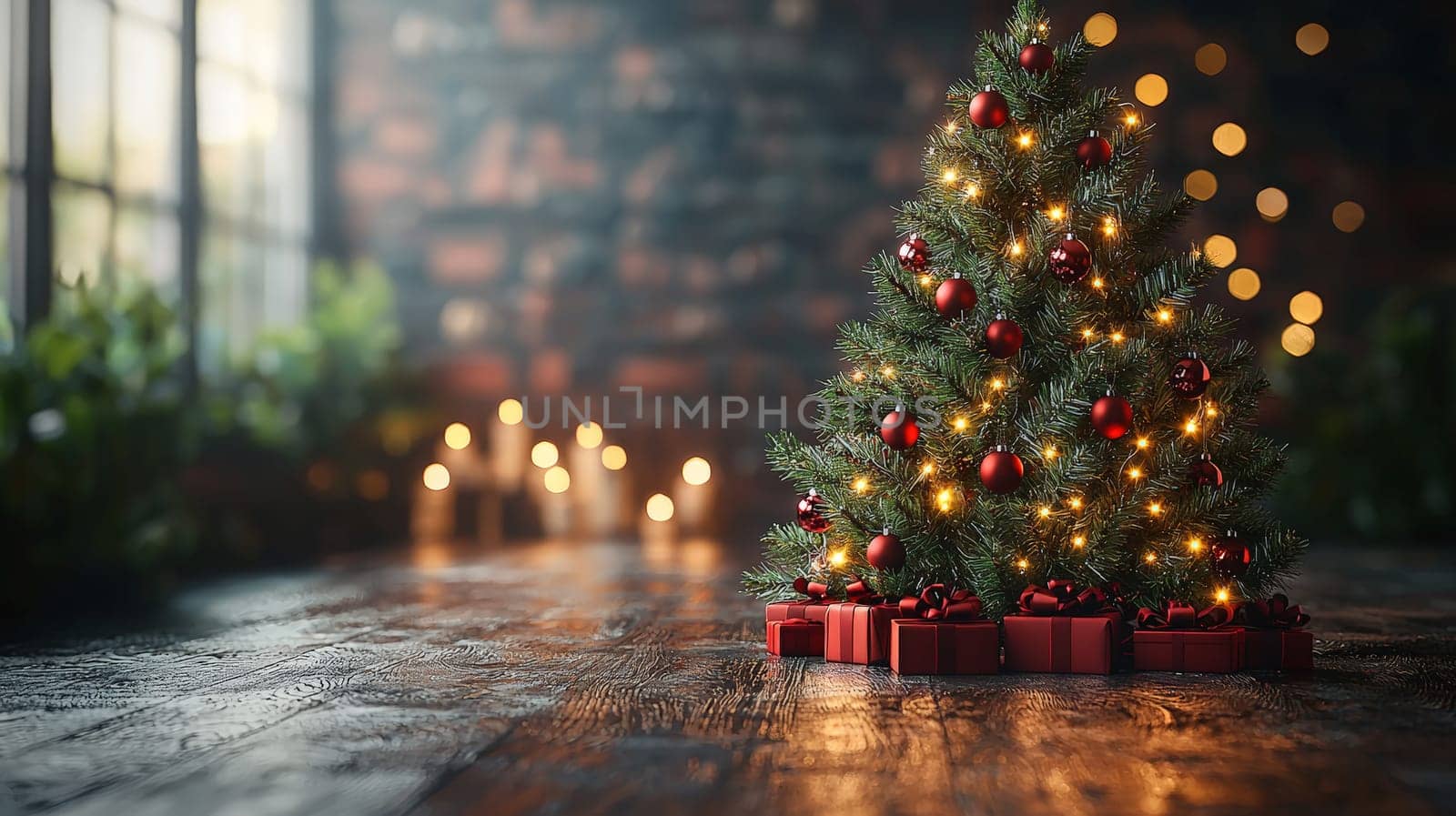 A 3D-rendered image of a beautifully decorated Christmas tree, adorned with simple white lights and vibrant red ornaments, capturing the essence of holiday elegance and charm.