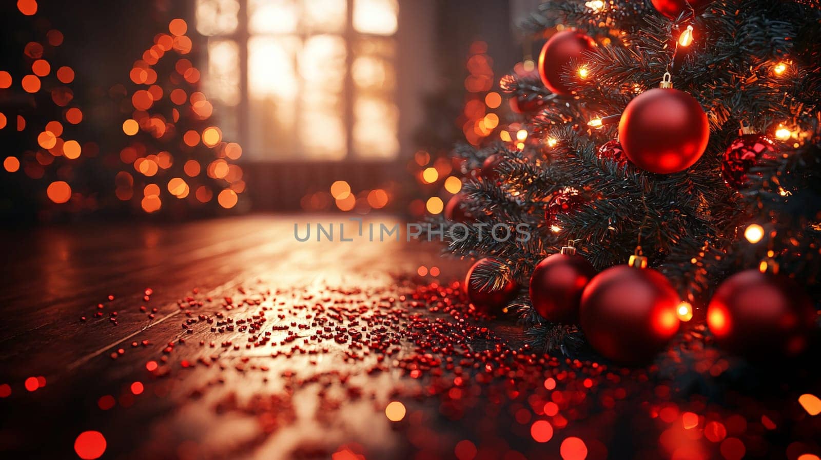 A 3D-rendered image of a beautifully decorated Christmas tree, adorned with simple white lights and vibrant red ornaments, capturing the essence of holiday elegance and charm.