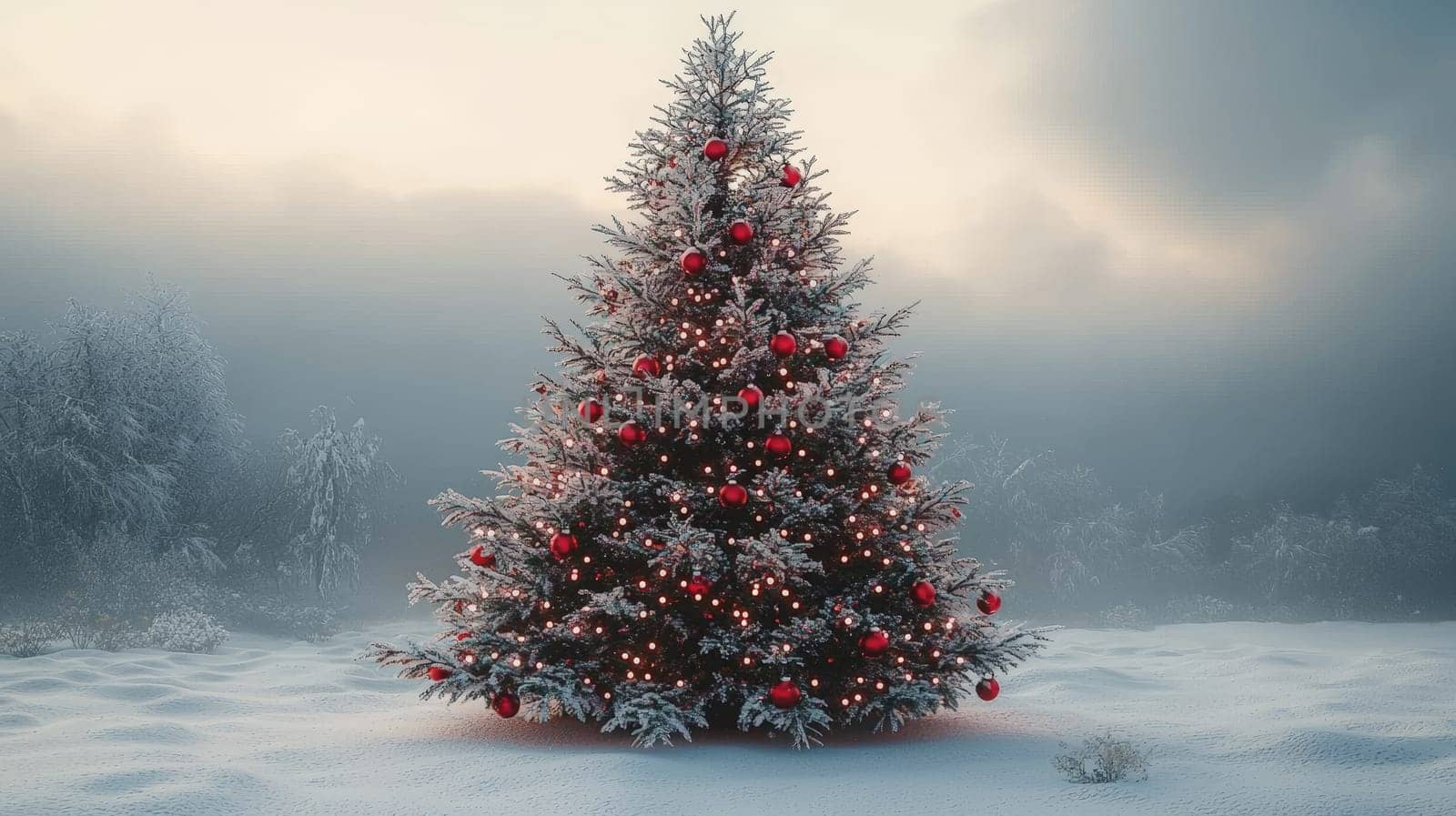 A 3D-rendered image of a beautifully decorated Christmas tree, adorned with simple white lights and vibrant red ornaments, capturing the essence of holiday elegance and charm.