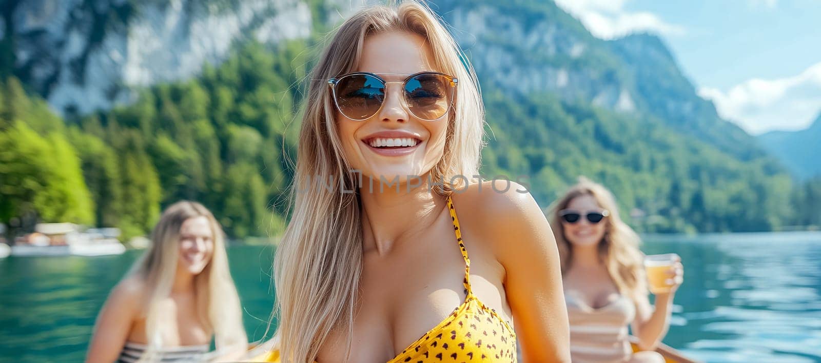 A smiling woman in sunglasses enjoys a sunny day on a boat, with lush green mountains in the background.