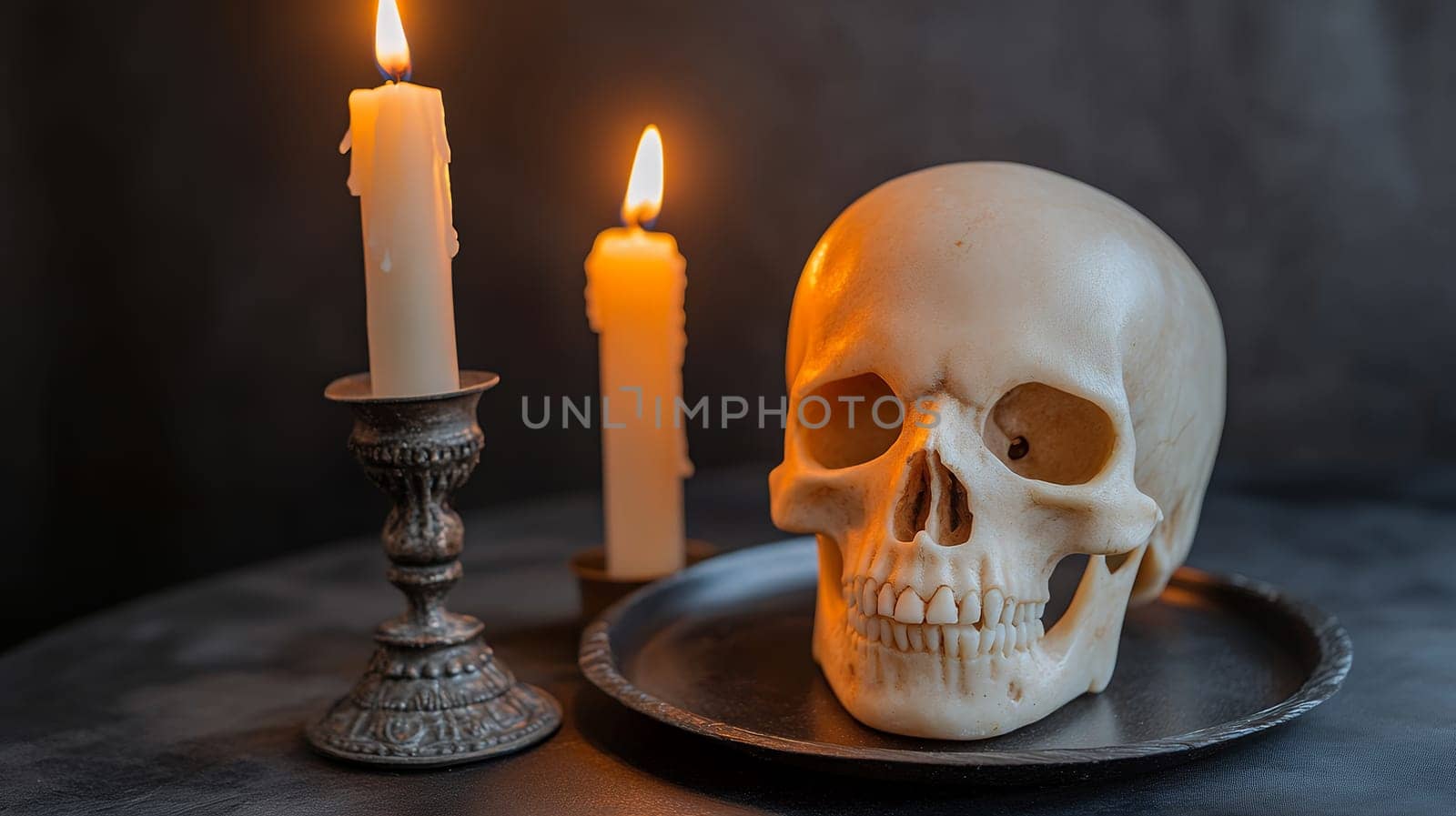 A skull paired with candles on a dark background, casting a haunting glow and creating an eerie atmosphere.