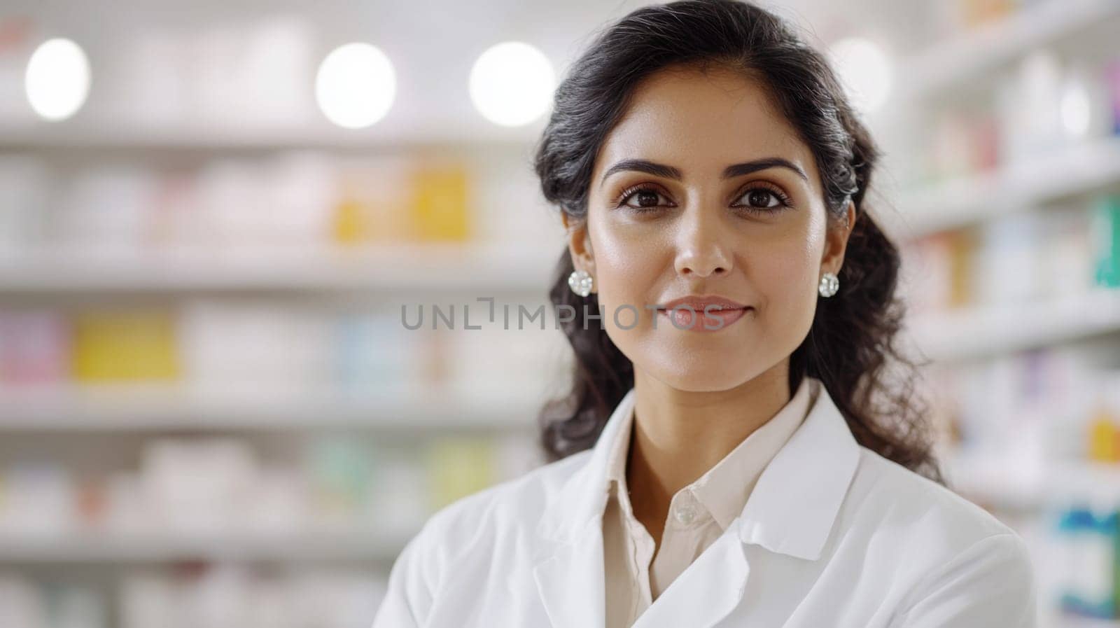 Smiling female indian american pharmacist standing in pharmacy with shelves of medicine in background, AI generated