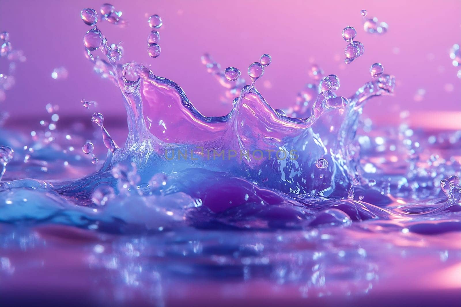 Droplets of water erupt in vibrant colors, creating splashes against a soft, pastel background during the evening light.