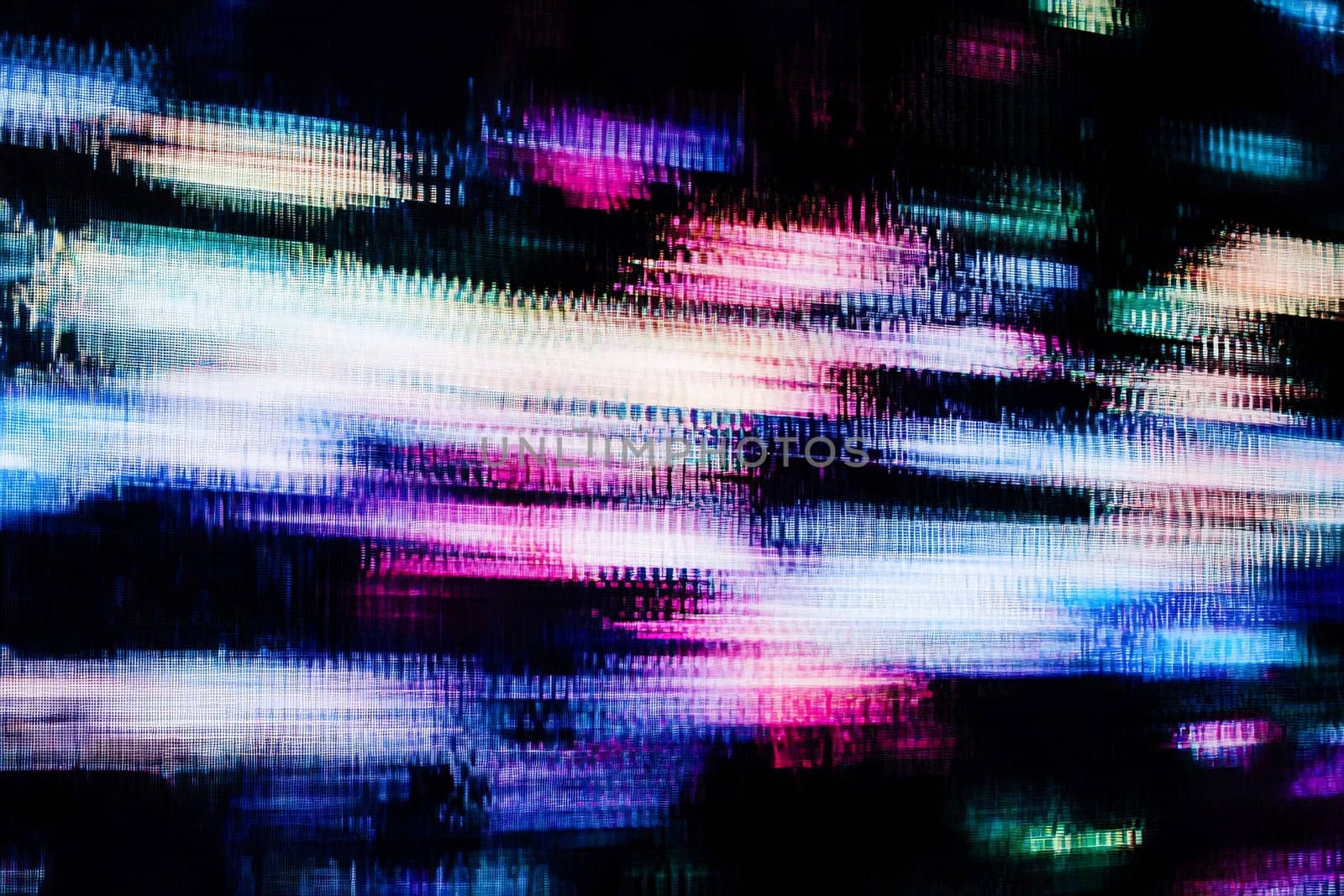Colorful, blurred digital patterns create an abstract effect, showcasing a dynamic motion in a dark, urban setting at night.