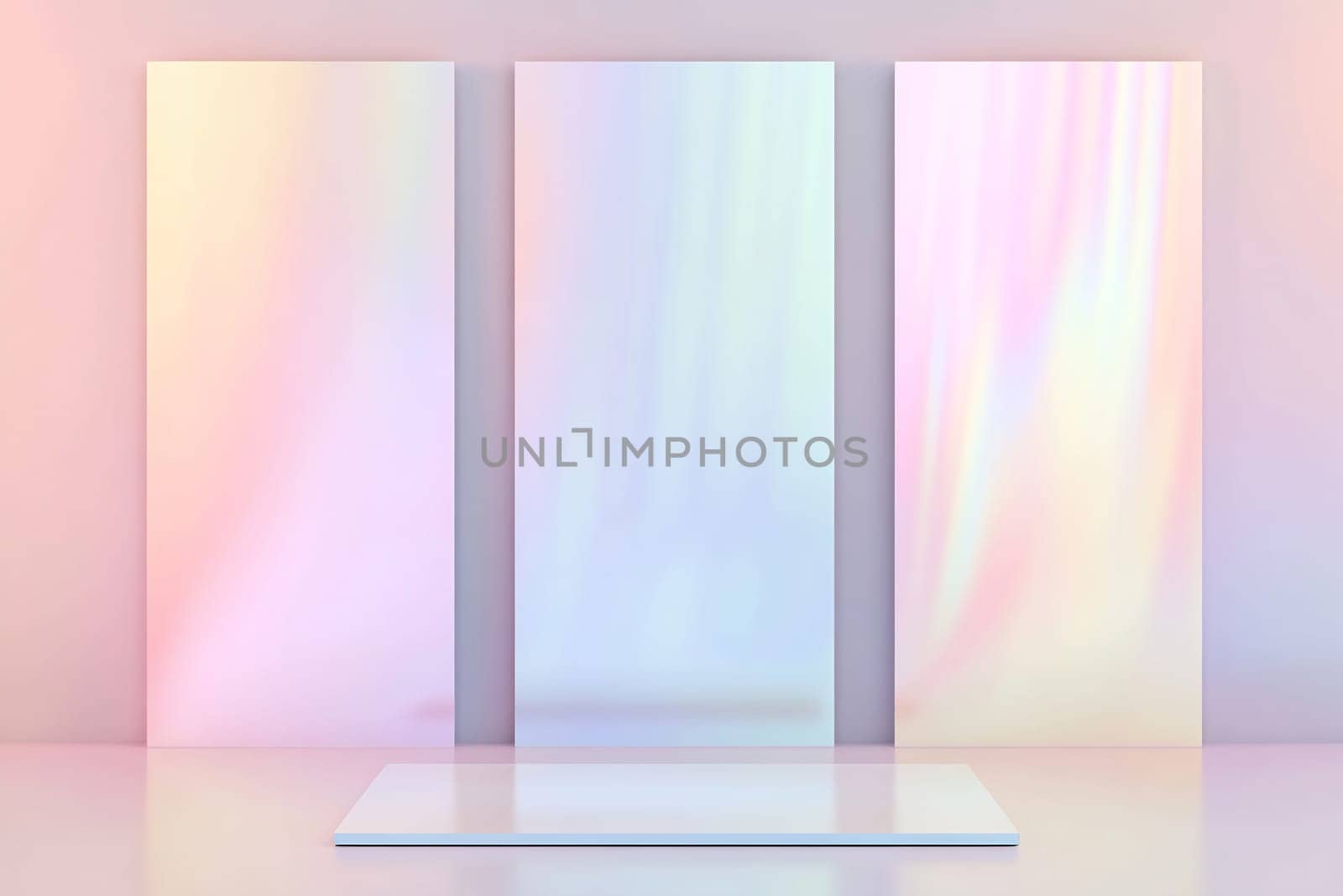 Three iridescent panels stand vertically against a pale background, reflecting soft light in a contemporary room.