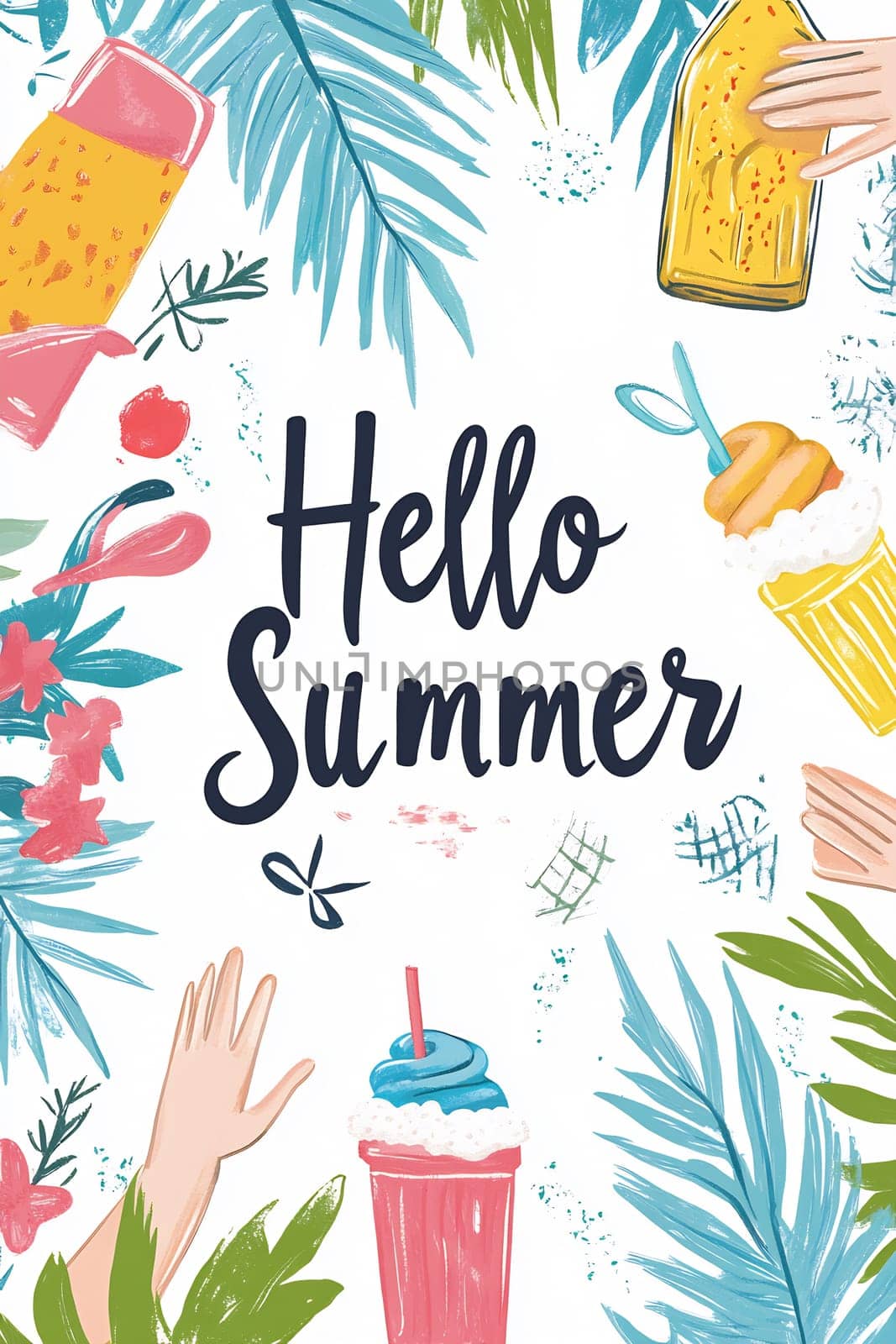 Bright tropical elements celebrate summer with colorful drinks and vibrant foliage, embodying the season's warmth and relaxation.