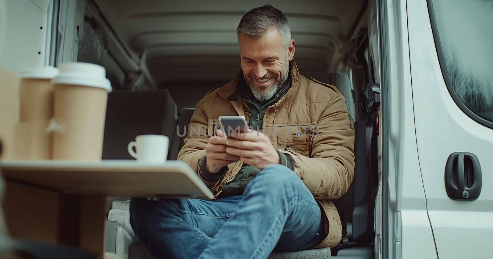 A man sits relaxed in a van, sipping coffee and texting on his phone during a break.