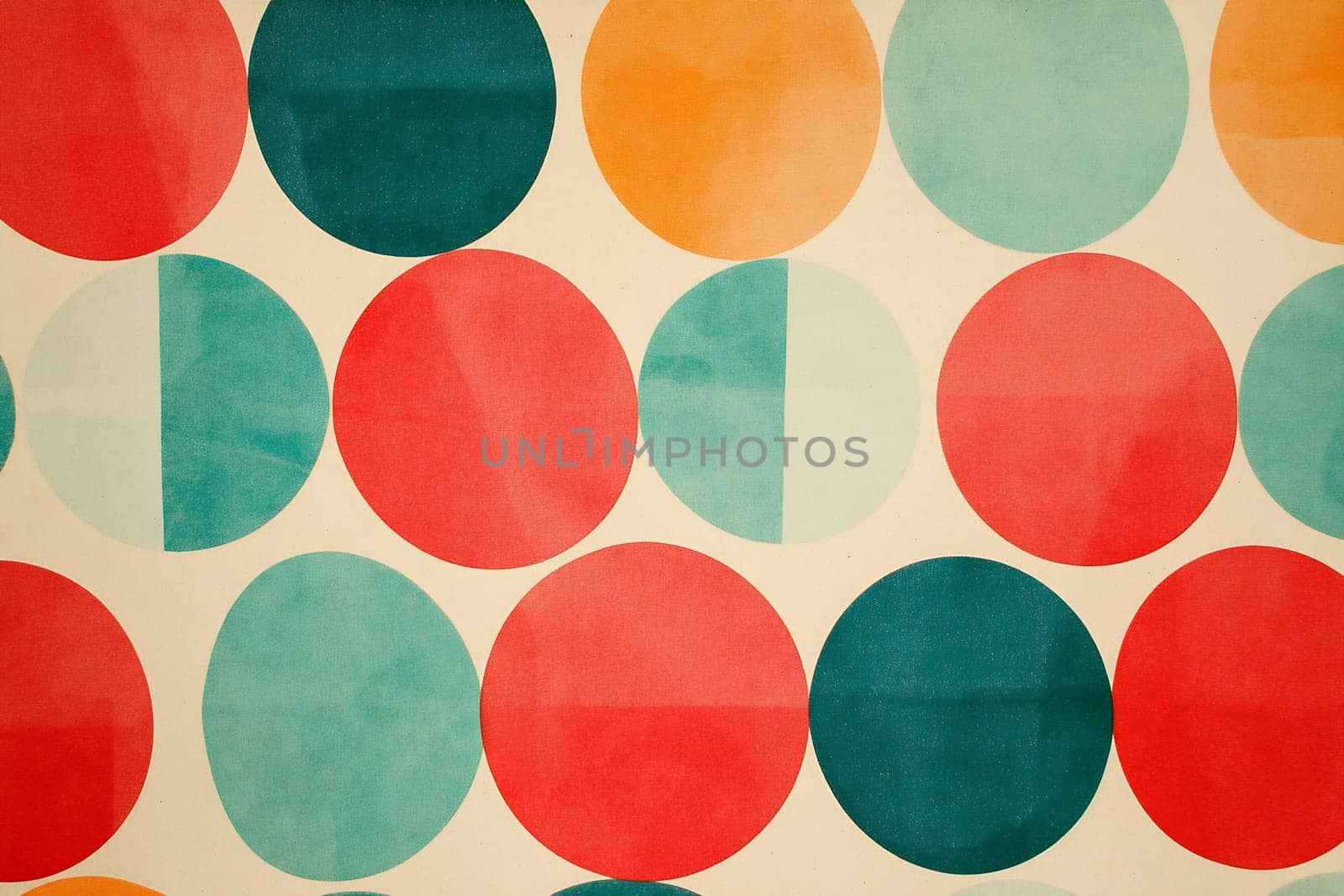 Circular patterns in vibrant colors create a lively design on a surface, showcasing a playful use of red, teal, and orange.