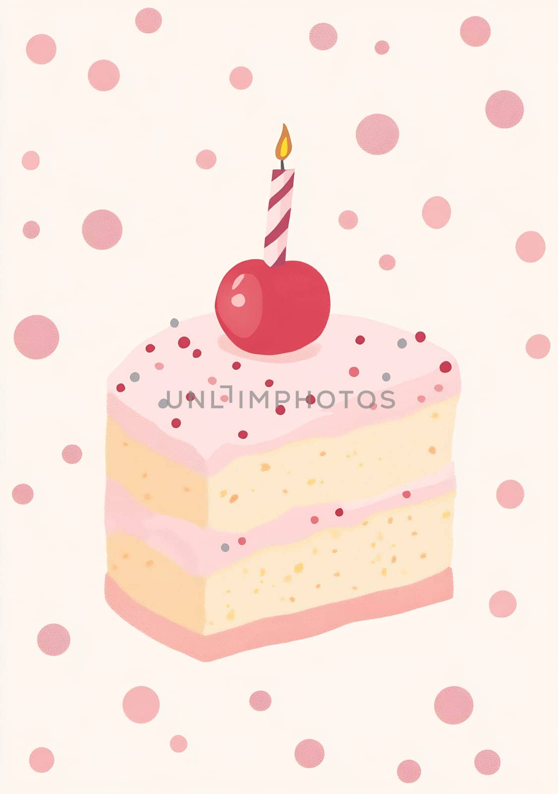 A beautifully decorated birthday cake featuring layers of cream and a cherry, set against a soft, colorful background.