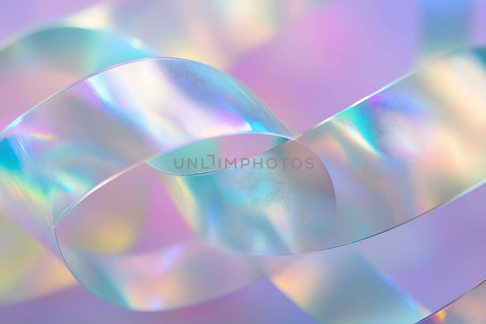 A shimmering, iridescent ribbon swirls gracefully against a soft, colorful backdrop, reflecting light in vibrant hues.