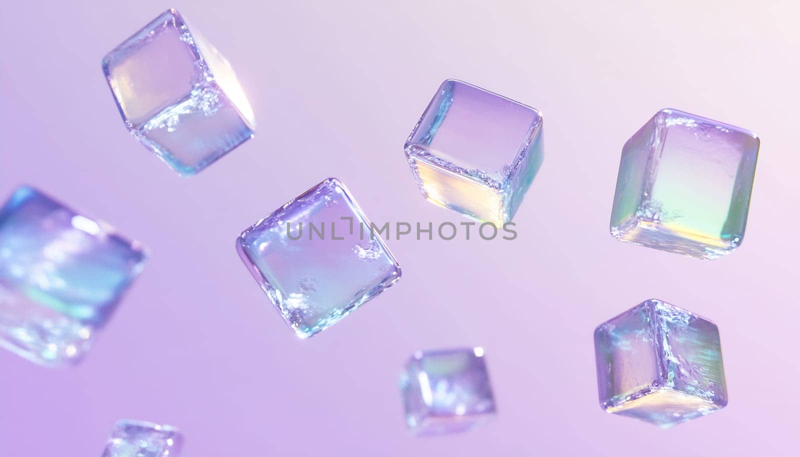Brightly colored ice cubes float in mid-air against a soft gradient background, creating an enchanting visual display.
