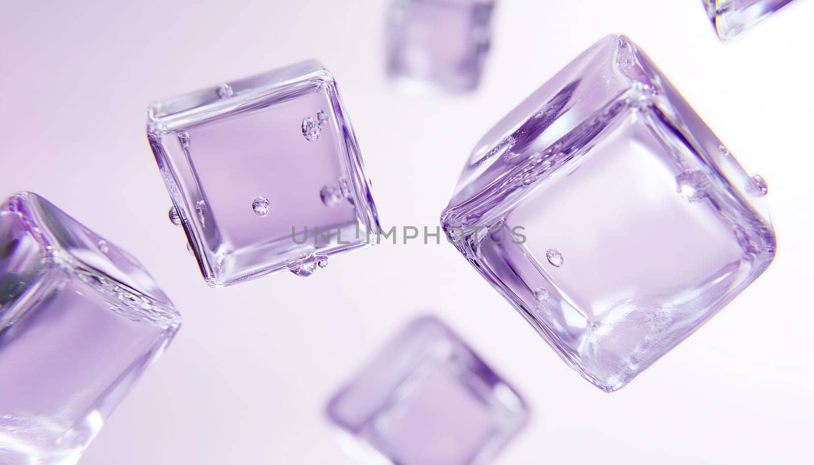Translucent purple ice cubes are suspended in mid-air, reflecting light in a soft, bright environment, creating an ethereal effect.