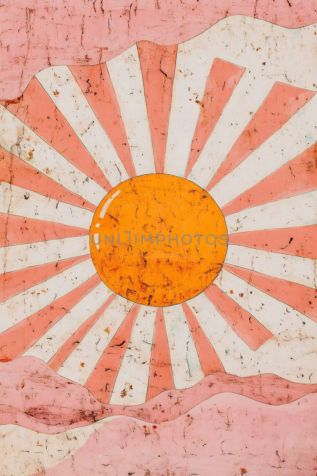 A vibrant orange sun appears above soft pink waves, creating a warm and cheerful atmosphere with captivating colors.