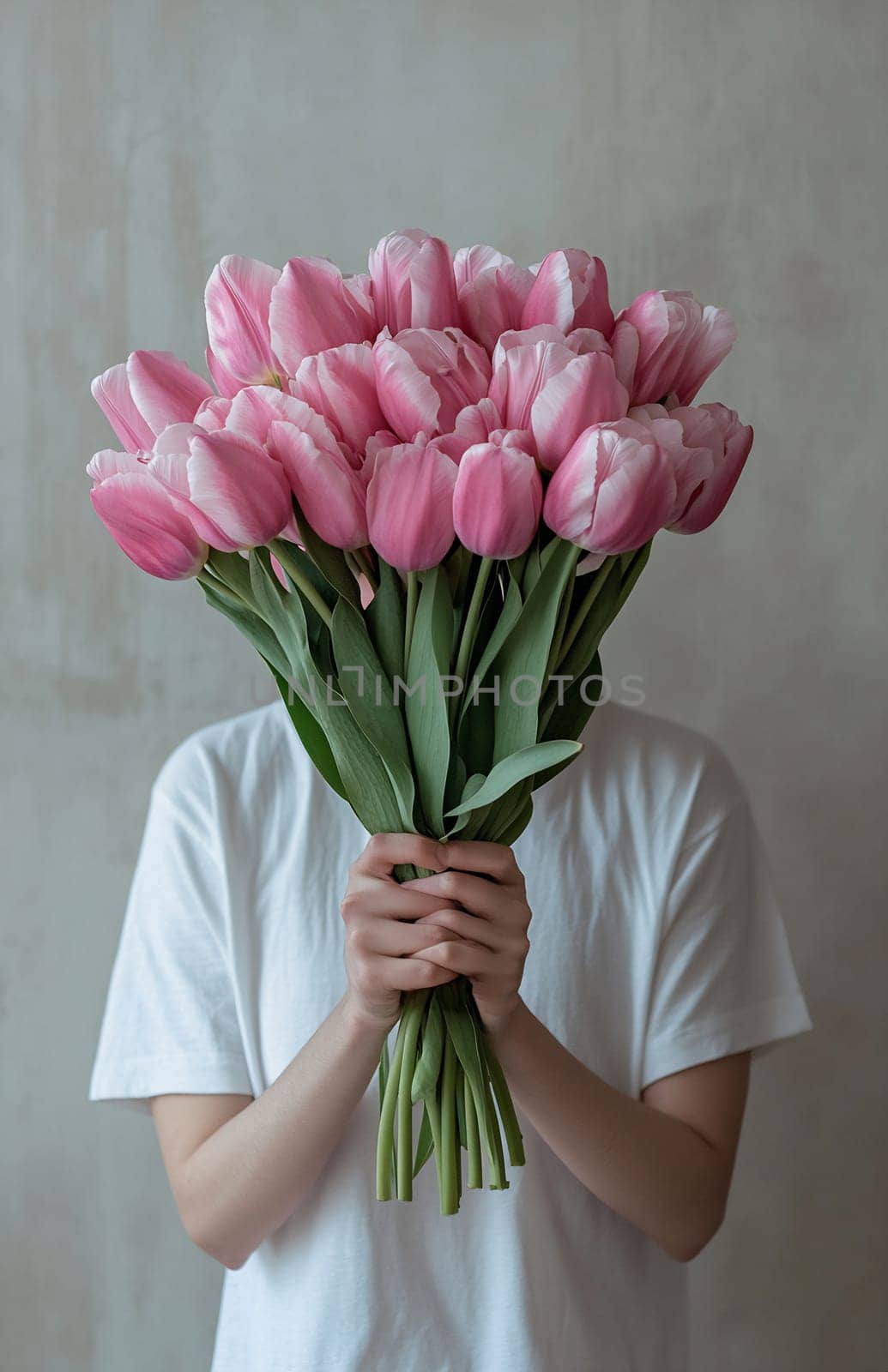A person stands indoors, presenting a sizable bouquet of pink tulips, showcasing their vibrant color and fresh beauty.