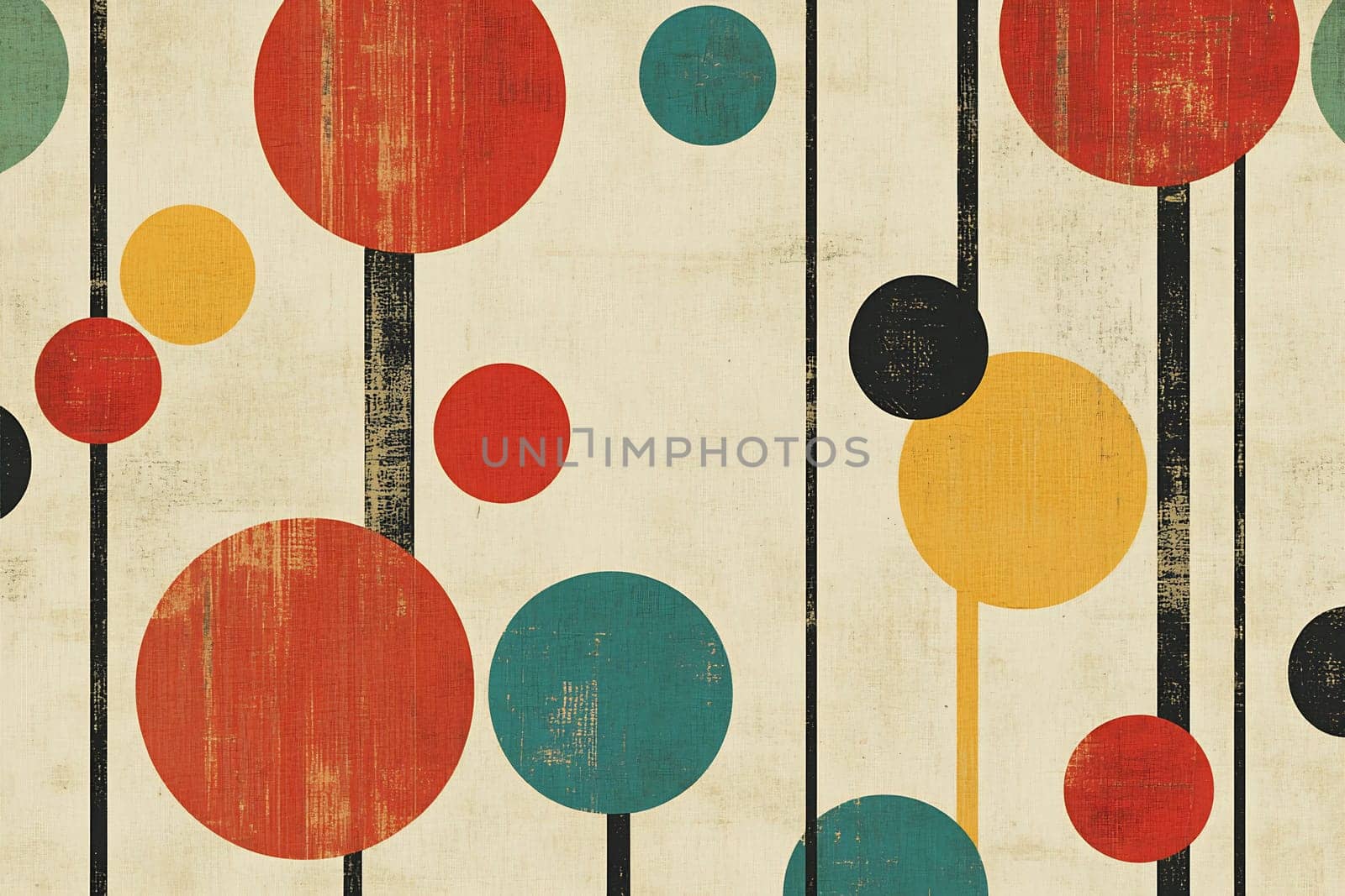 Vibrant circles in various colors are arranged against a textured backdrop, creating a lively artistic composition.