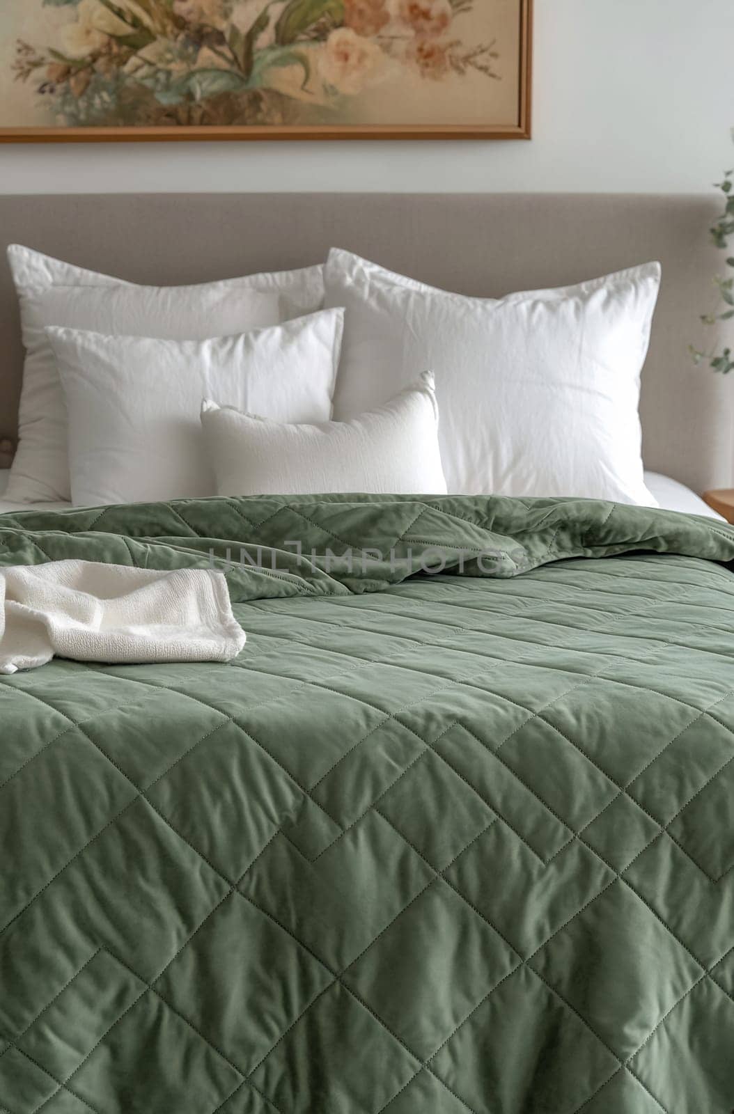 A neatly made bed features a soft green quilted cover and fluffy white pillows, creating a tranquil and inviting atmosphere.