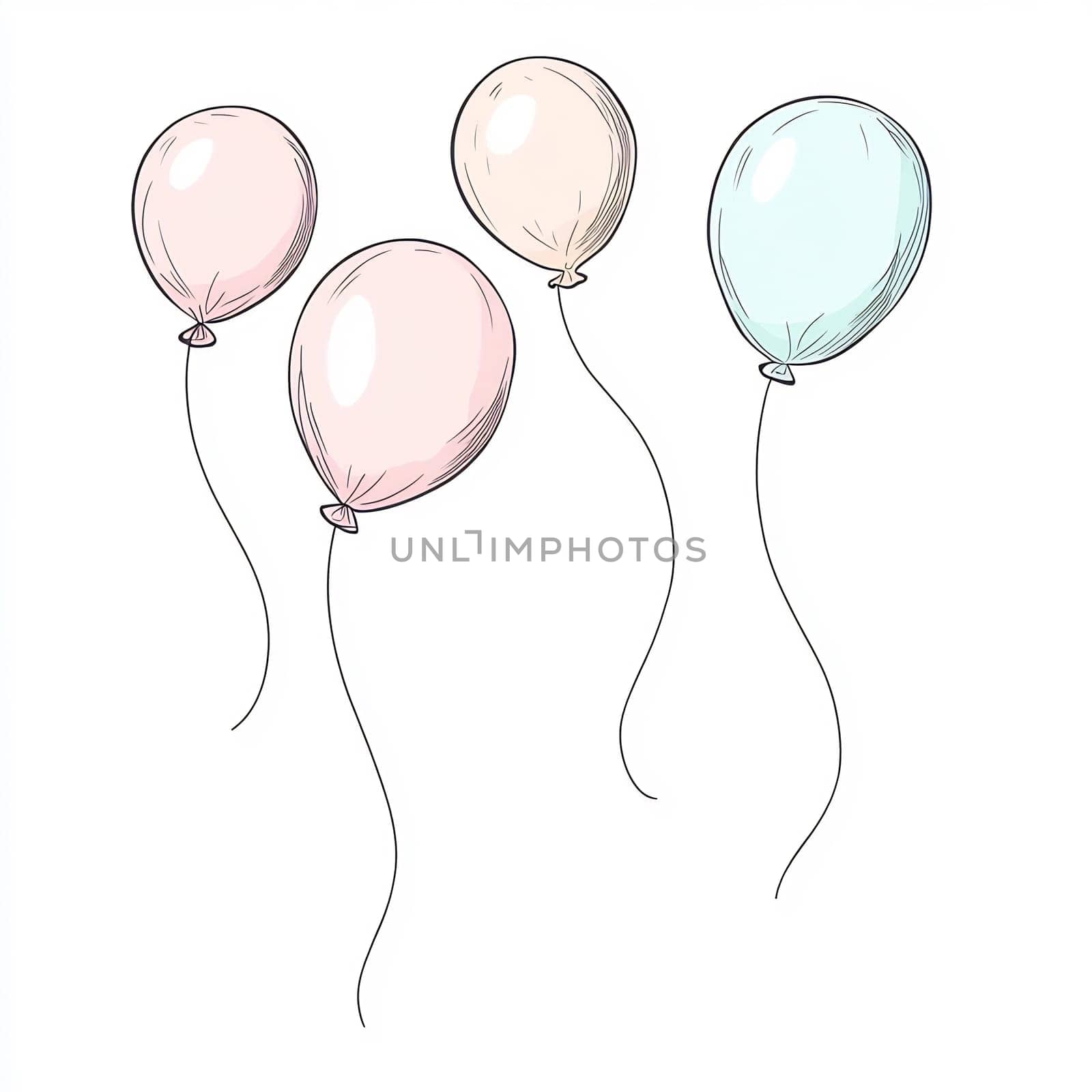 Four pastel balloons float gracefully in the air, creating a light and cheerful atmosphere, perfect for celebrations.